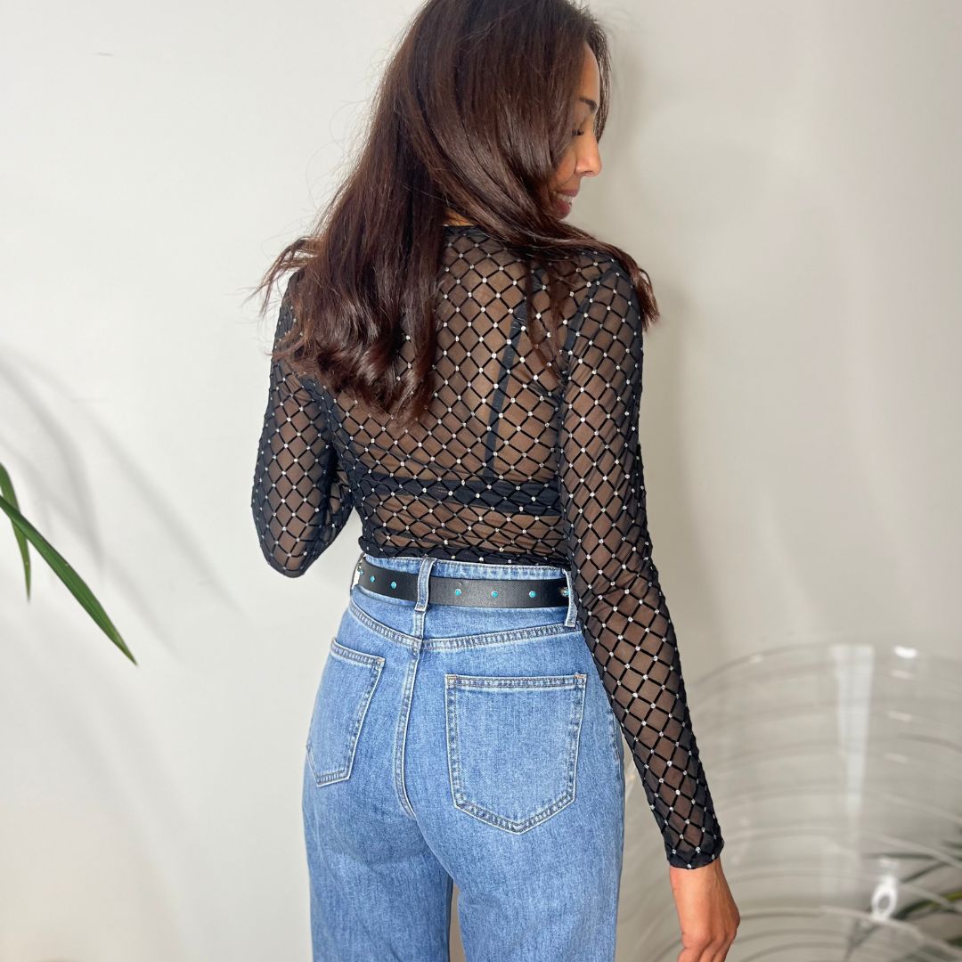 Body en tissu voilé transparent CAMILLE orné d'un quadrillage noir aux touches argentées