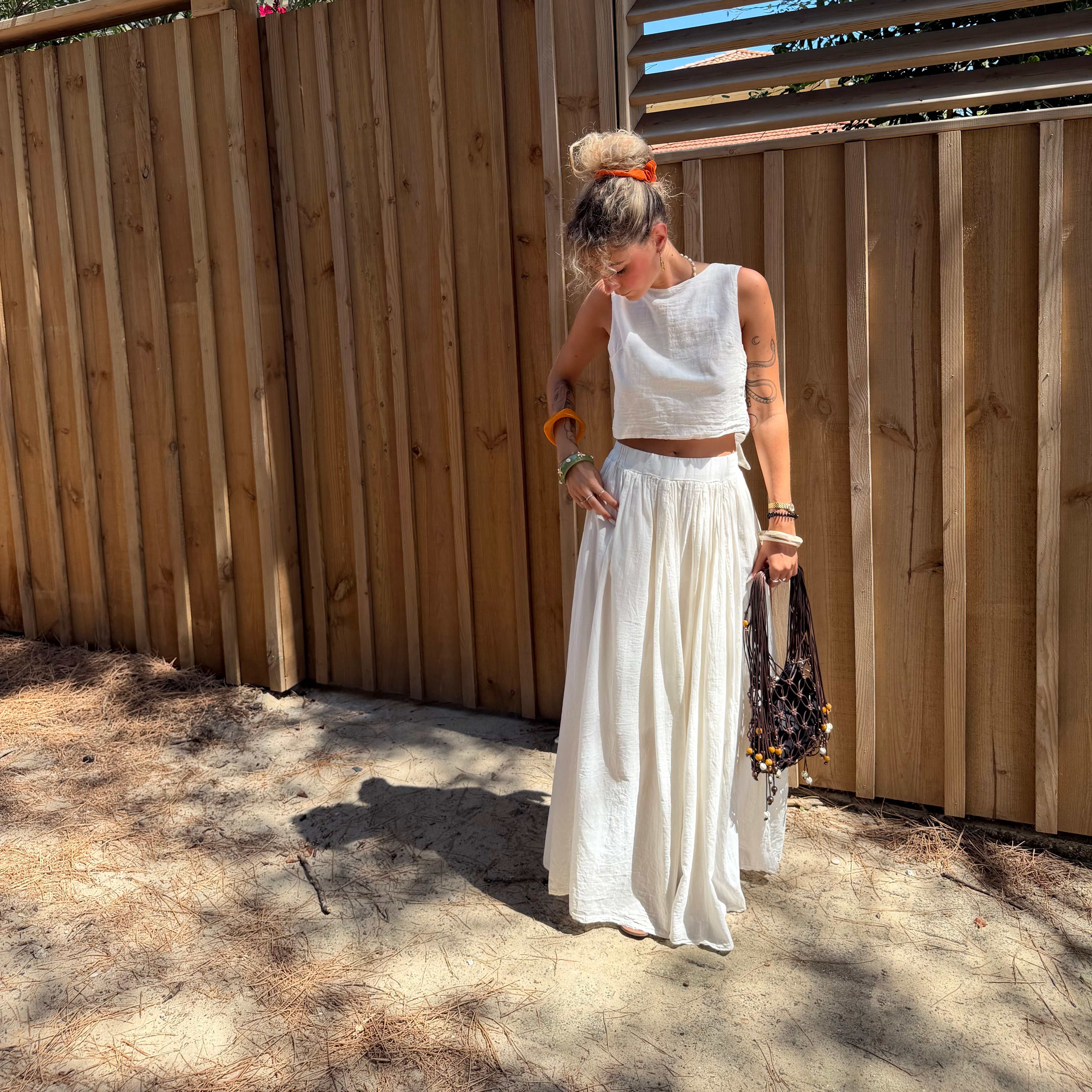 Ensemble YDRA jupe et top dos nu en coton écru