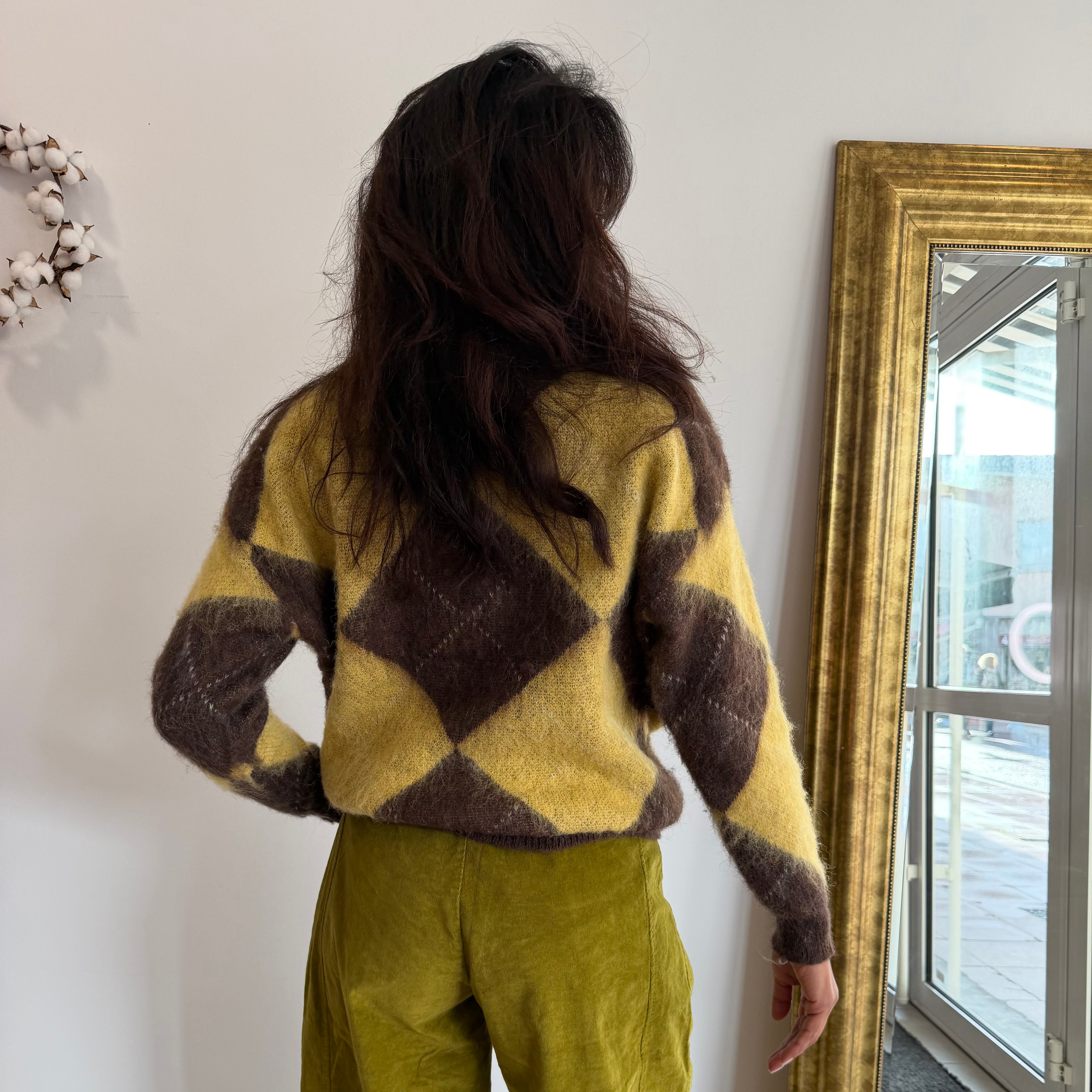Pull LOSANGE, col montant, marron et jaune pale