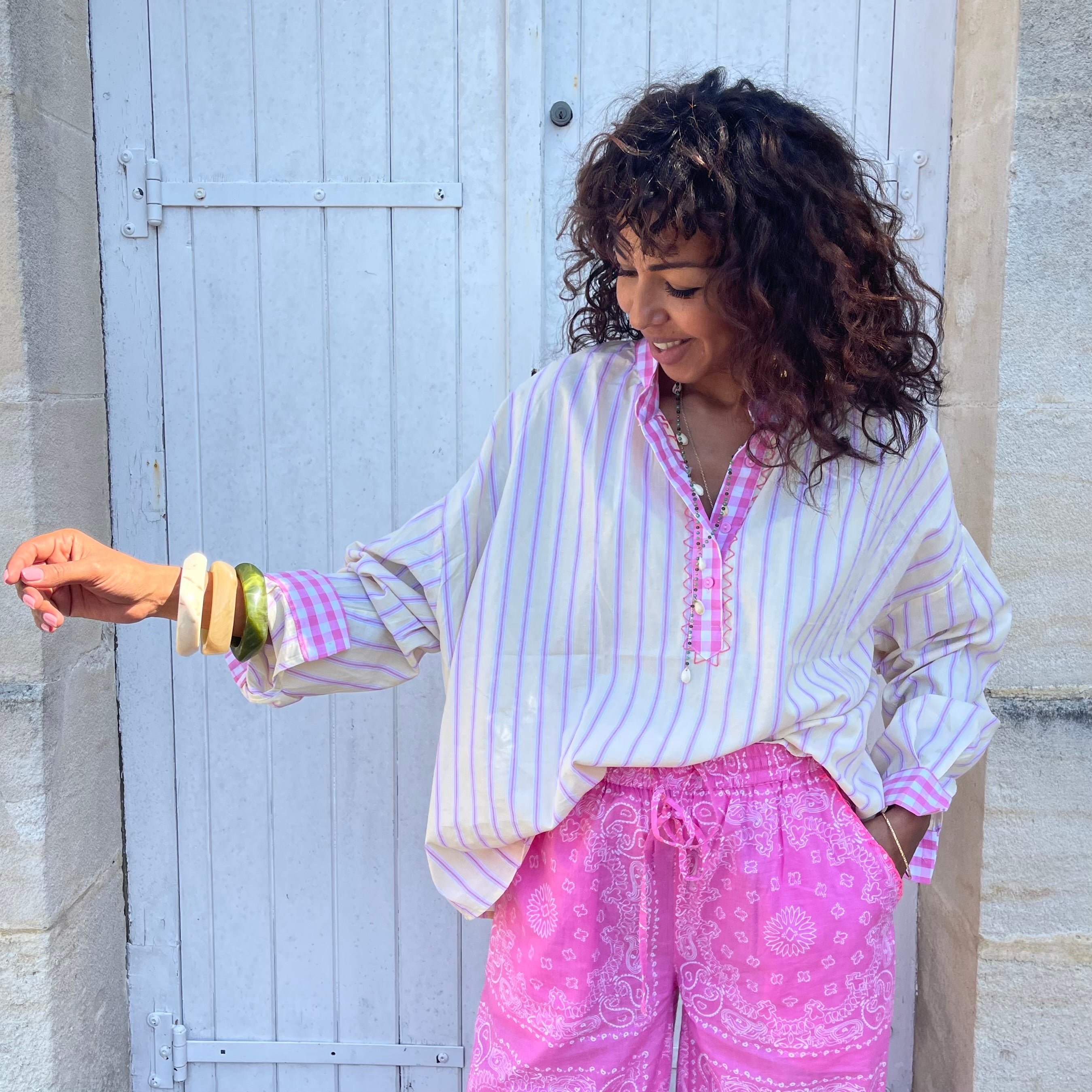Blouse GIVI, jaune pale rayé rose, coton, oversize