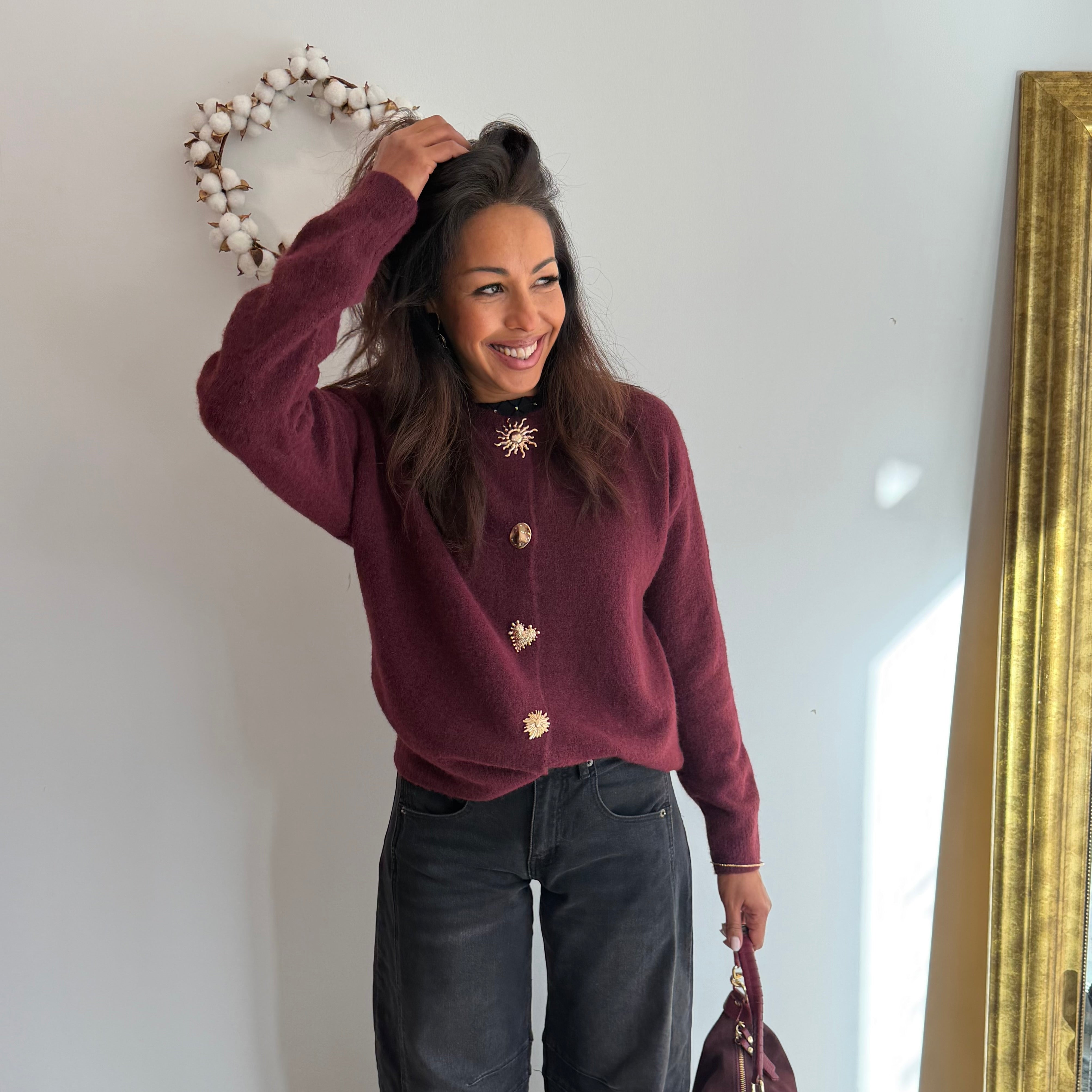 Gilet NOEL, couleur prune, bouton bijoux