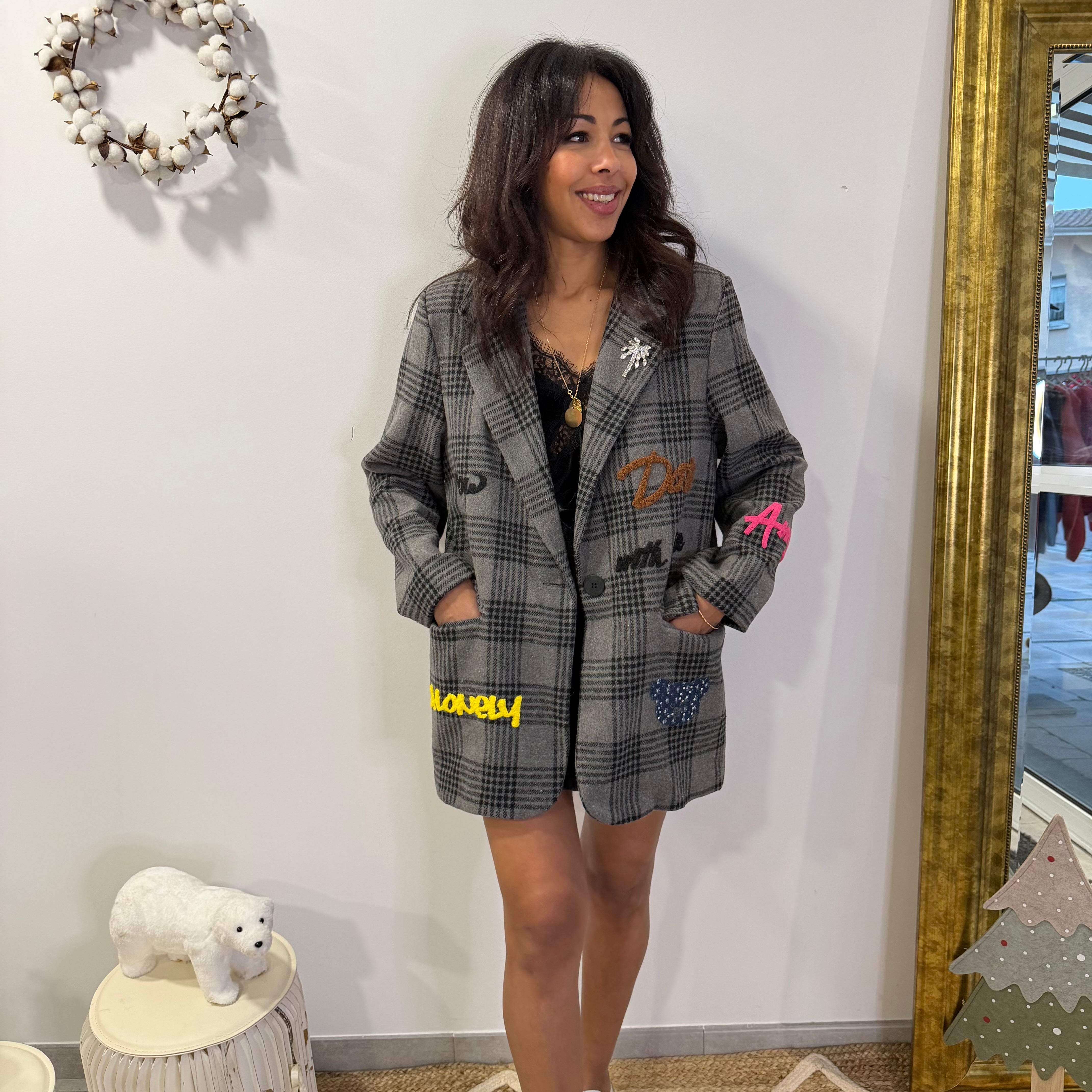 Blazer over size BLISS gris brodé de couleurs