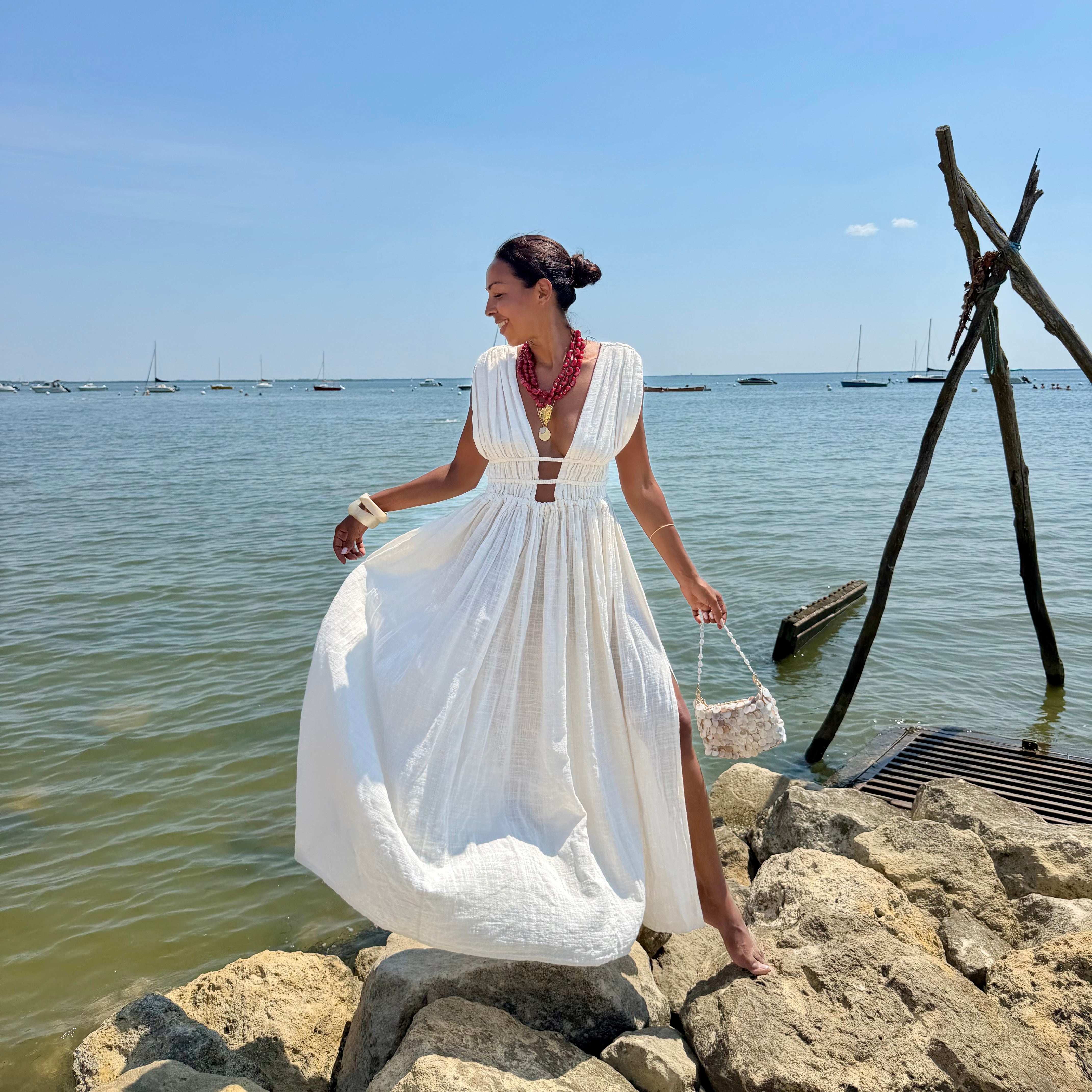 Robe GRECQUE bohème écru dos nu