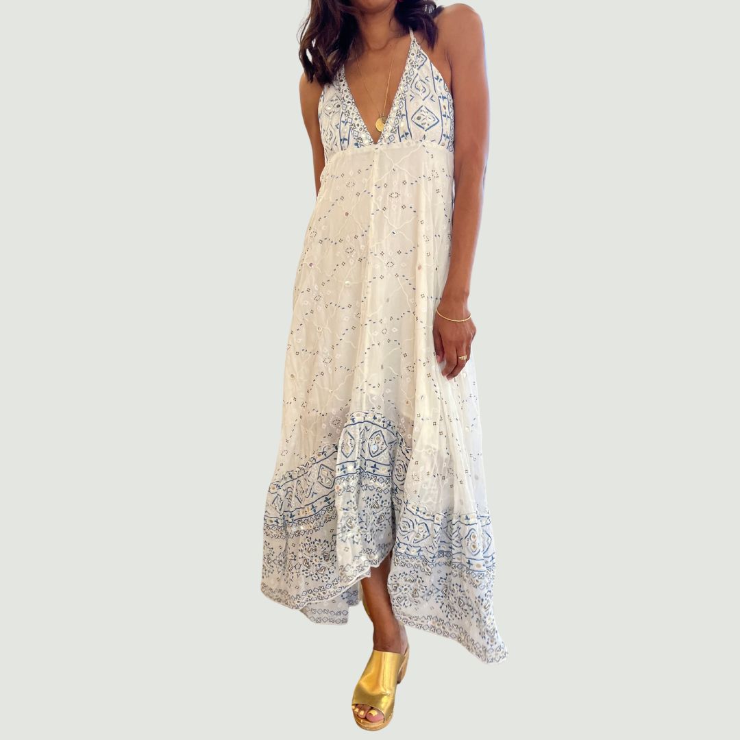 Robe dos nu ROSALIA bleue à la coupe longue dotée de liens ajustables