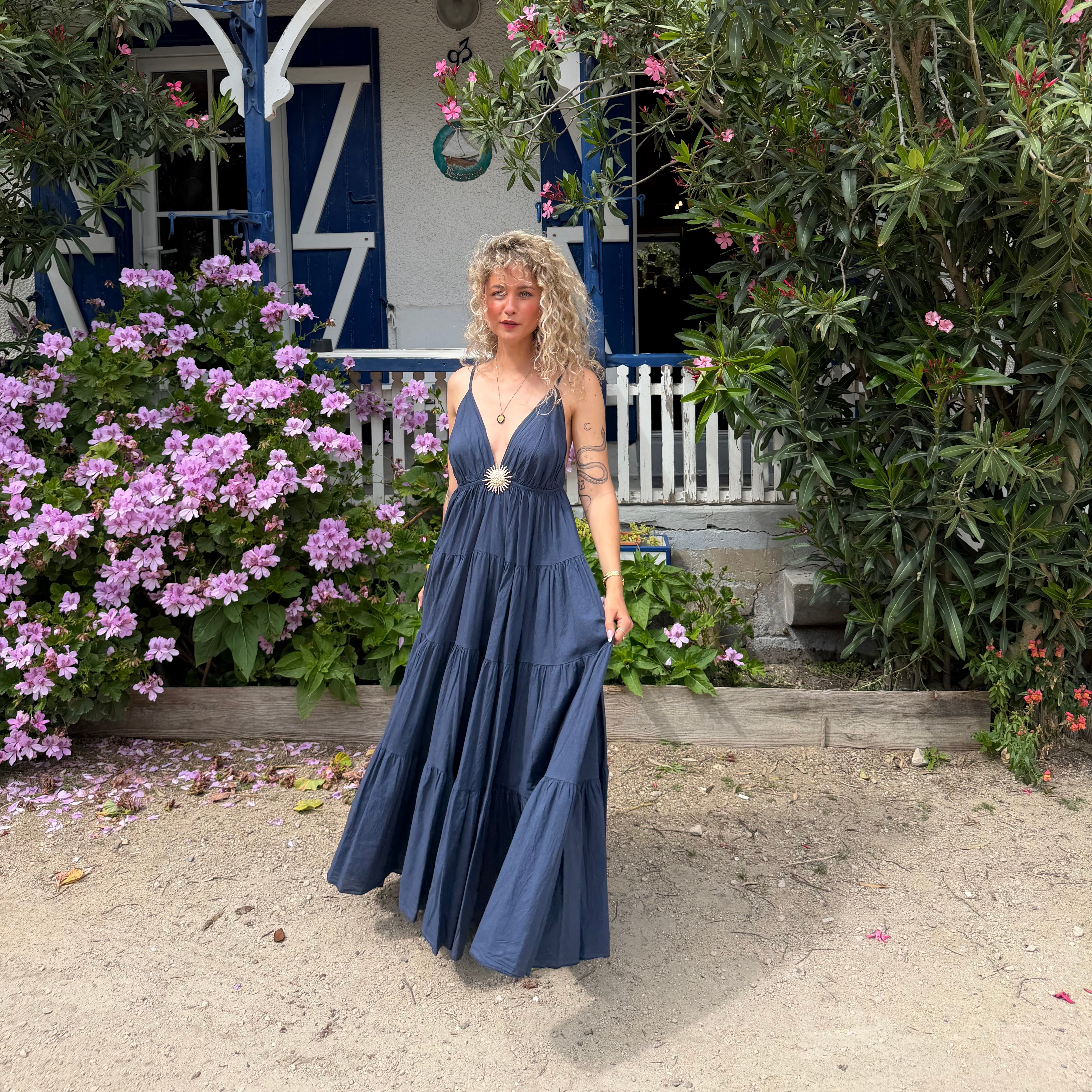 Robe longue SOLEIL bohème bleu marine dos nu