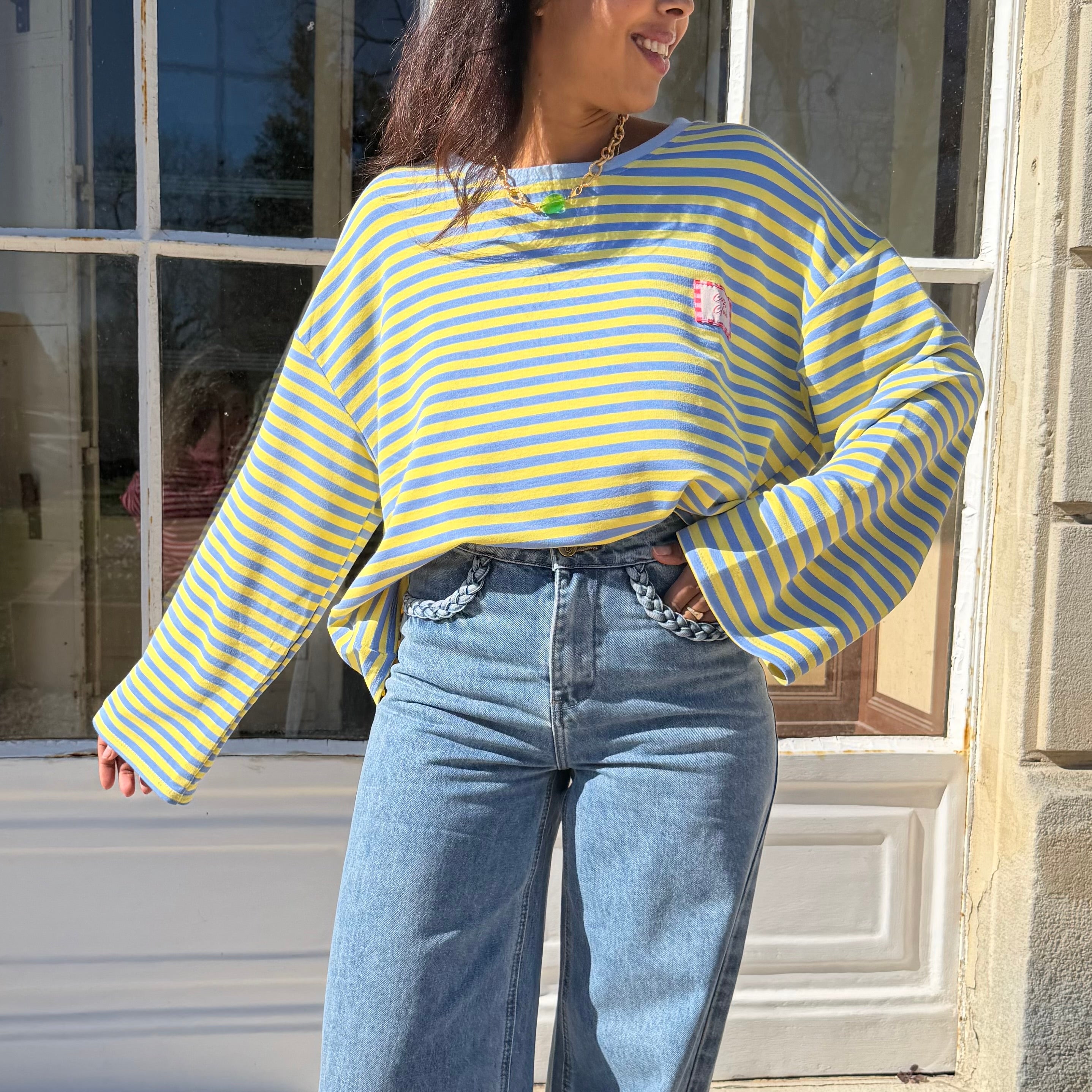 T-shirt CLUB marinière rayé jaune/bleu aux manche longues et à la coupe oversize