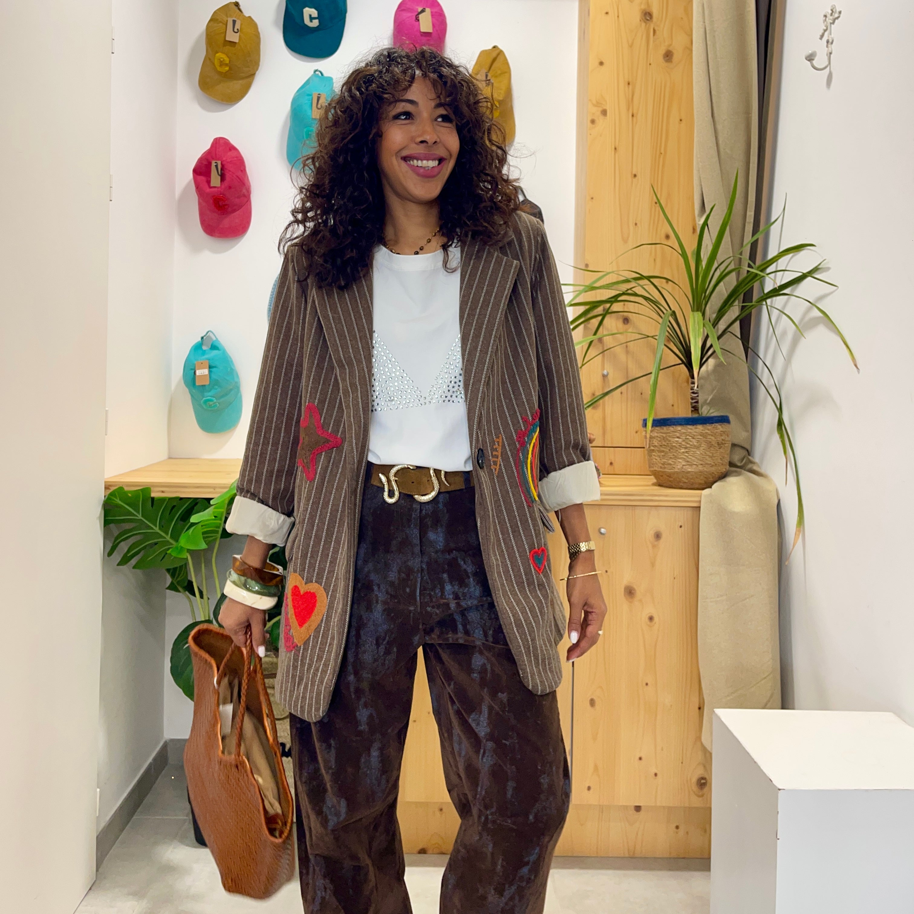 Blazer over size SULIVAN marron brodé de couleurs