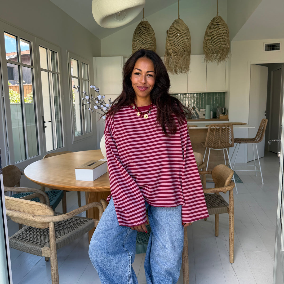 T shirt manche longue MILO rayé bordeaux et rose