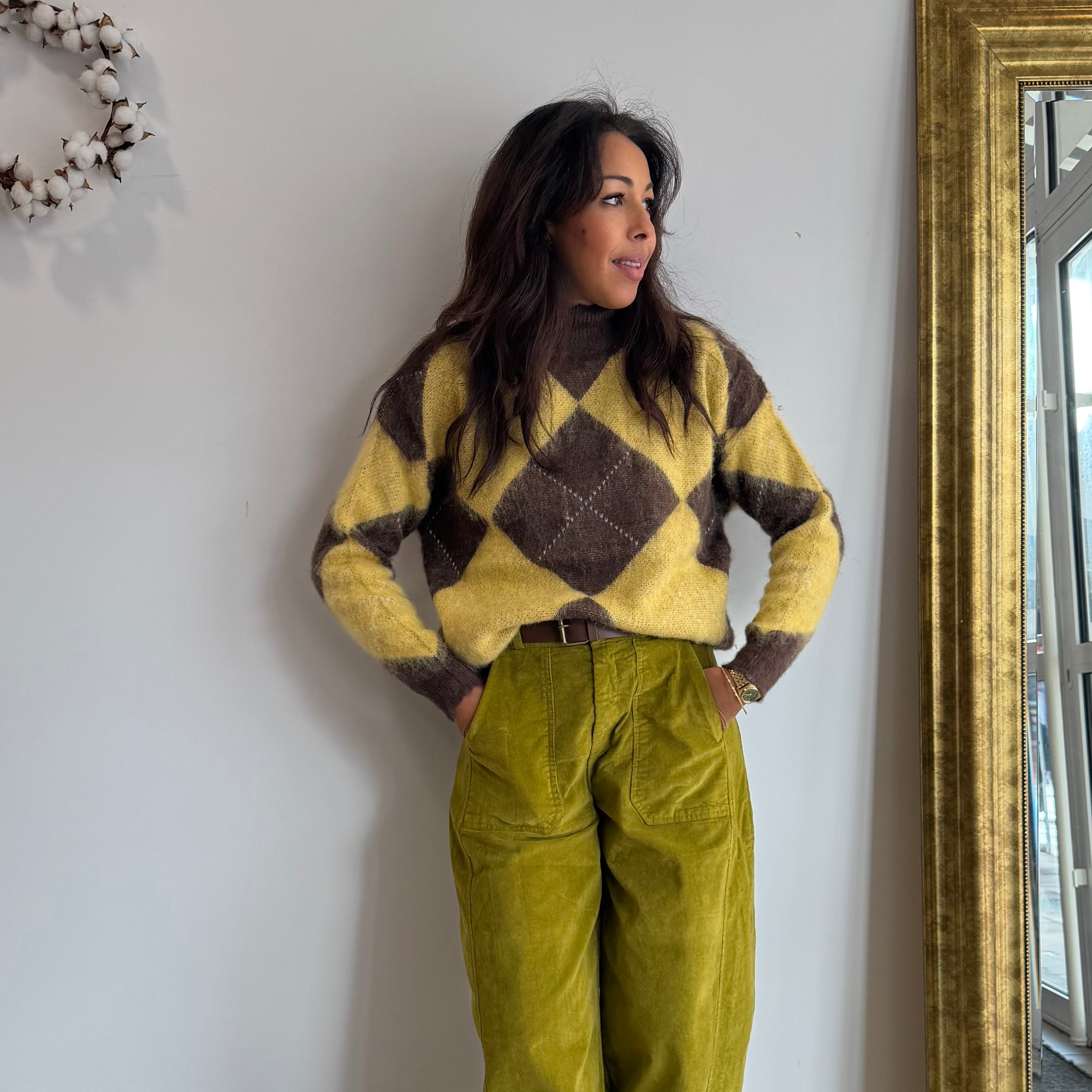 Pull LOSANGE, col montant, marron et jaune pale