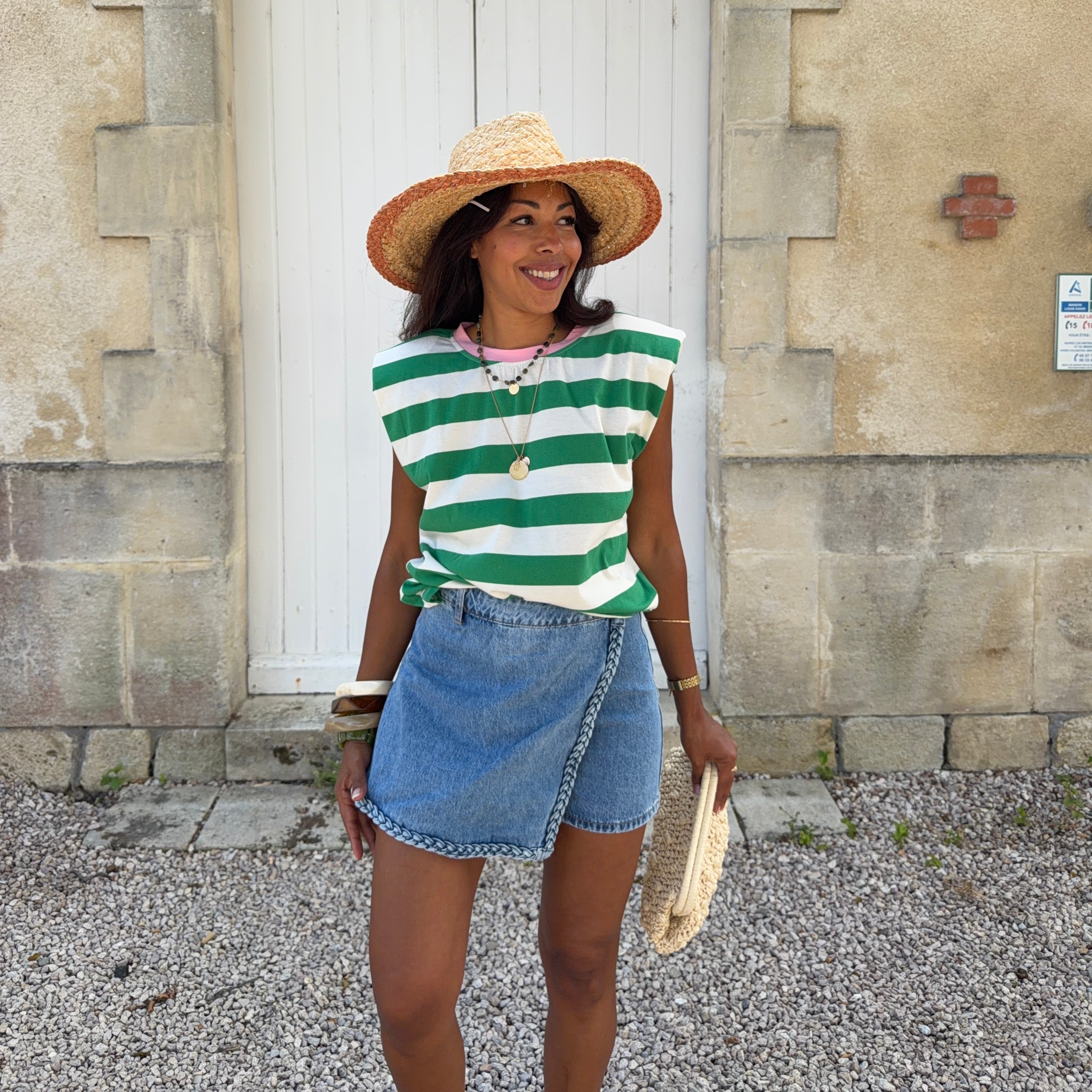 T-SHIRT MARIN ÉPAULÉ SANS MANCHES À RAYURES VERT