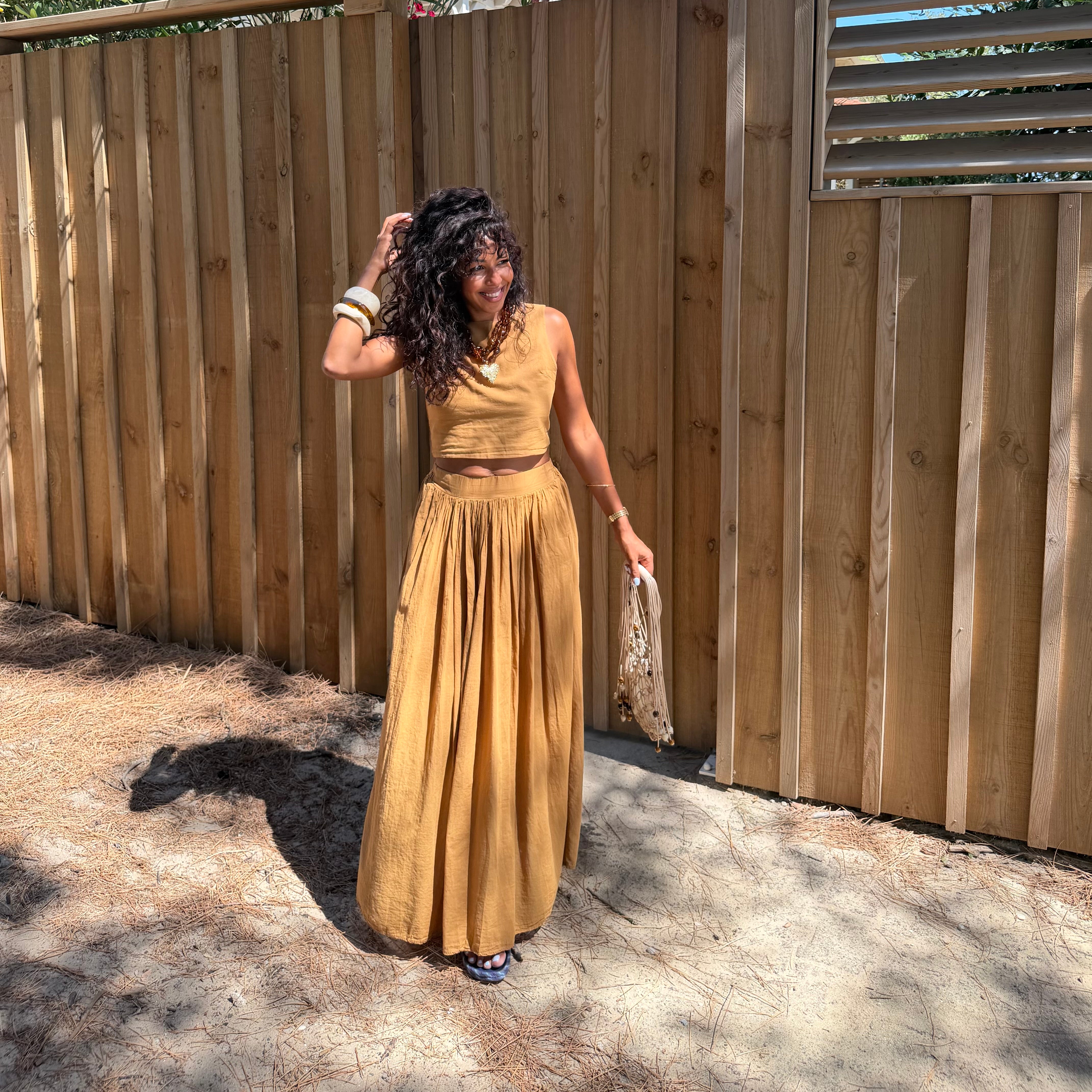 Ensemble YDRA jupe et top dos nu en coton tabac