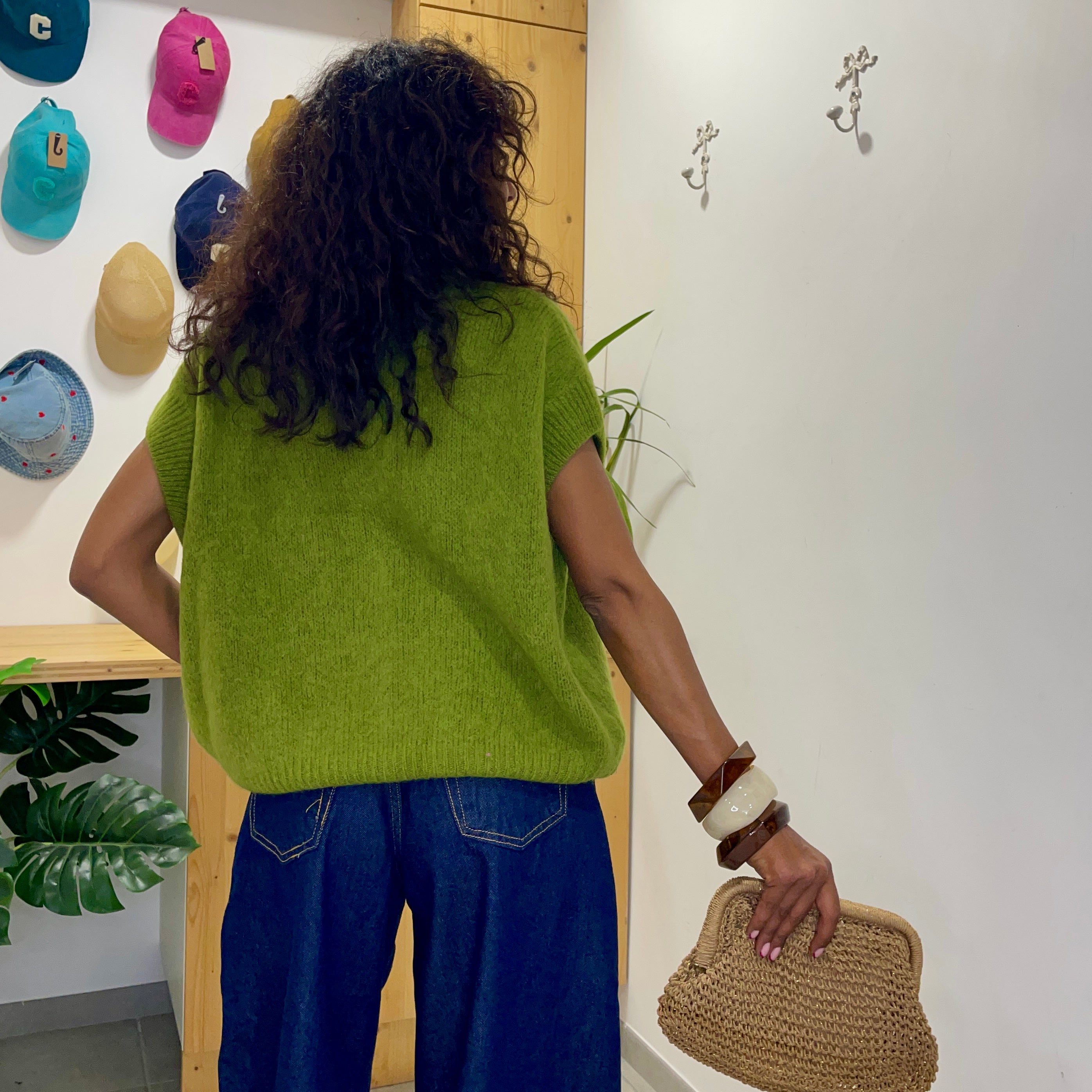 Pull manches courtes ANNA vert en baby alpaga et laine