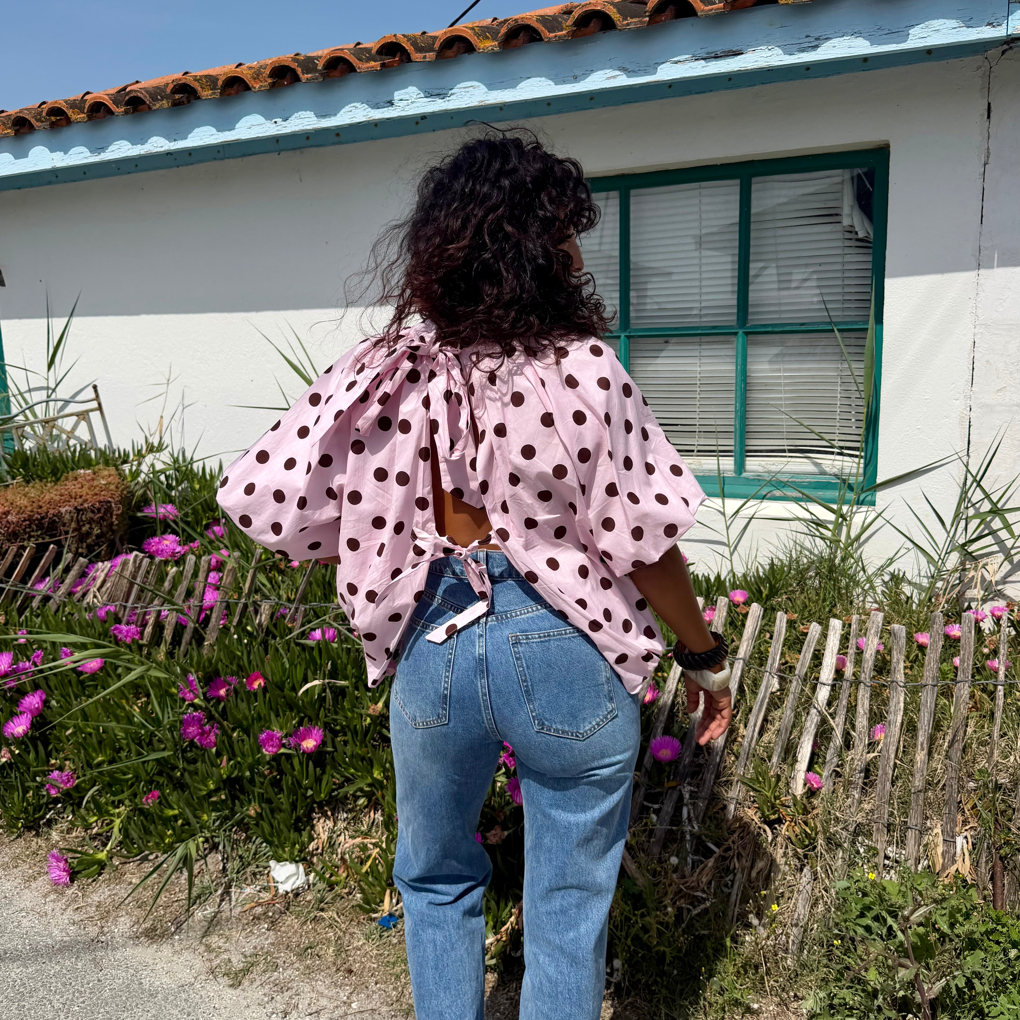 Blouse POIS dos nu rose et marron