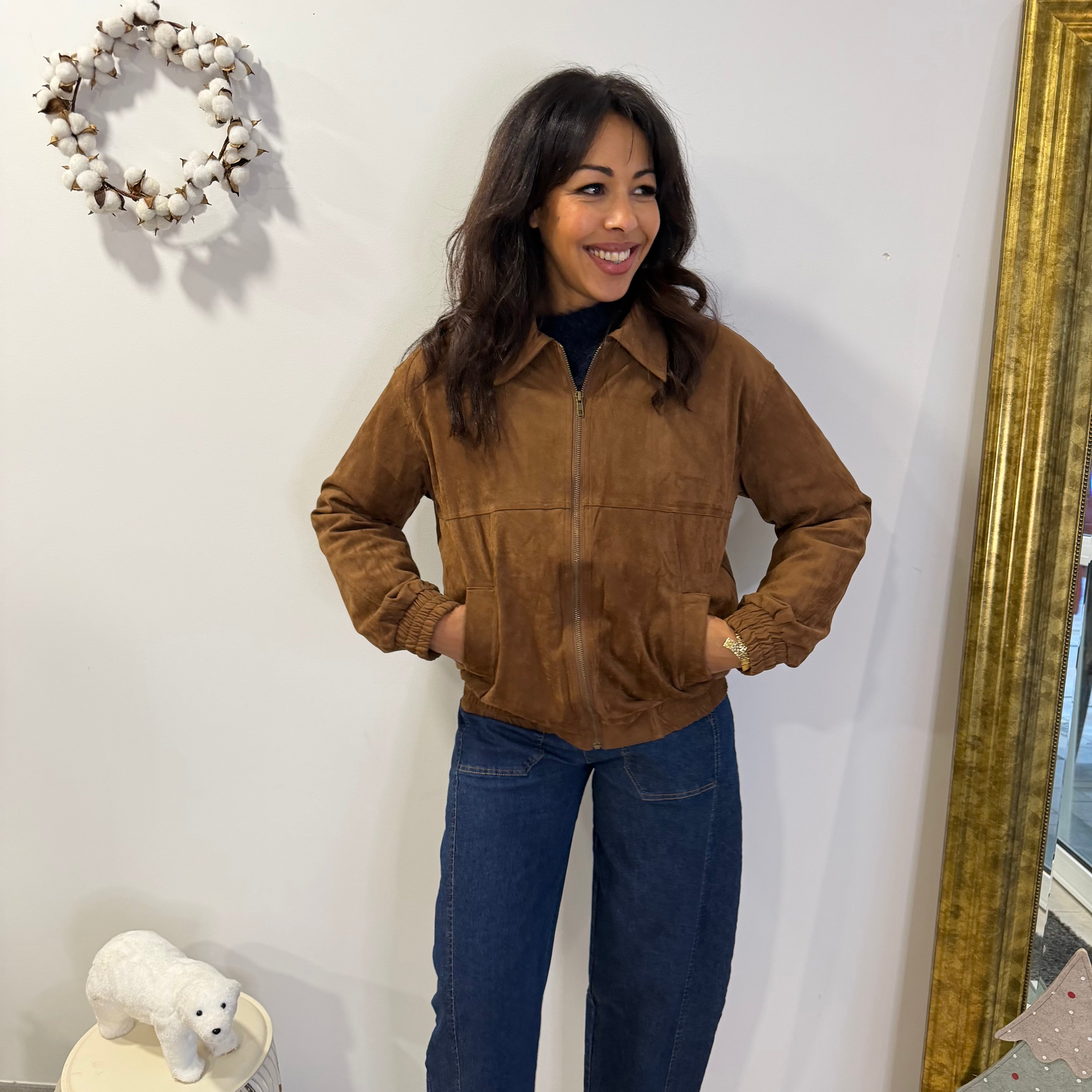 Veste camel CARLA effet daim coupe bombers