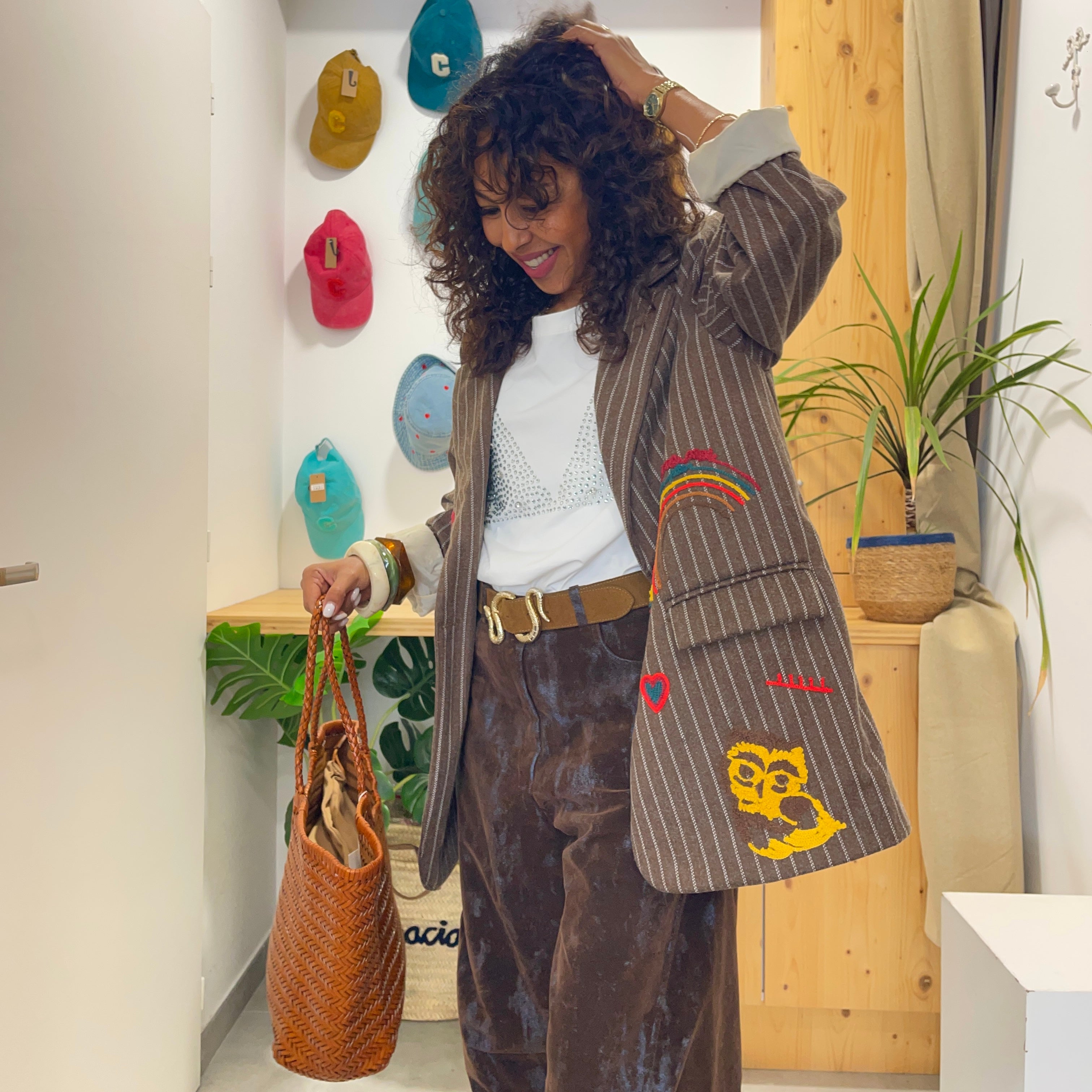 Blazer over size SULIVAN marron brodé de couleurs