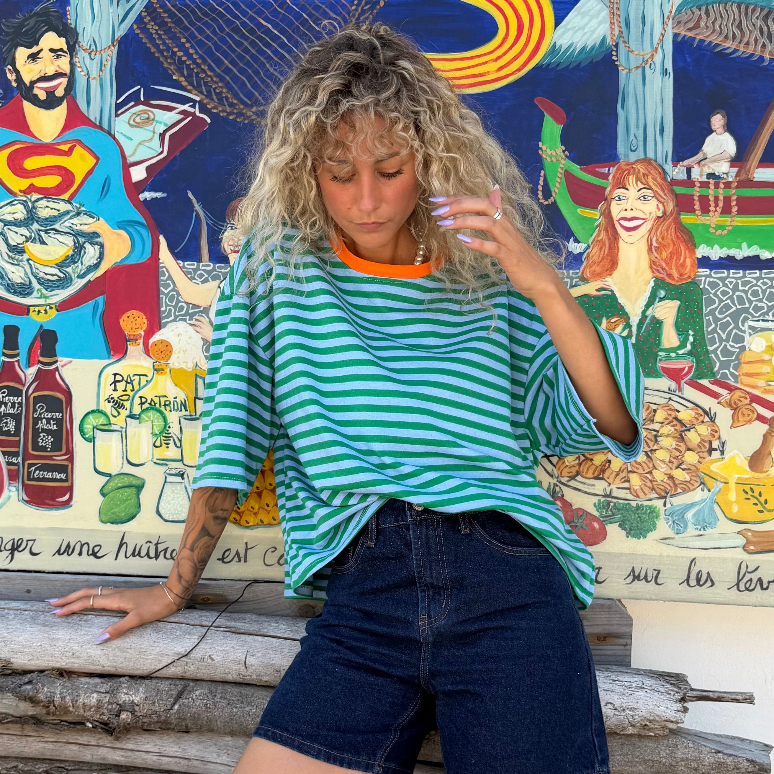 T-shirt marinière OLIVIA vert et bleu