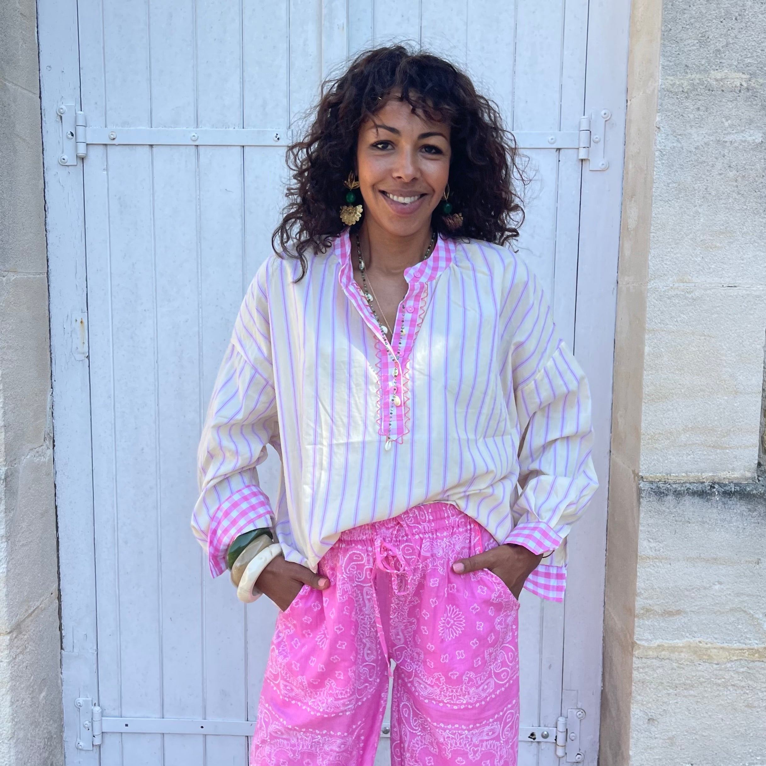 Blouse GIVI, jaune pale rayé rose, coton, oversize