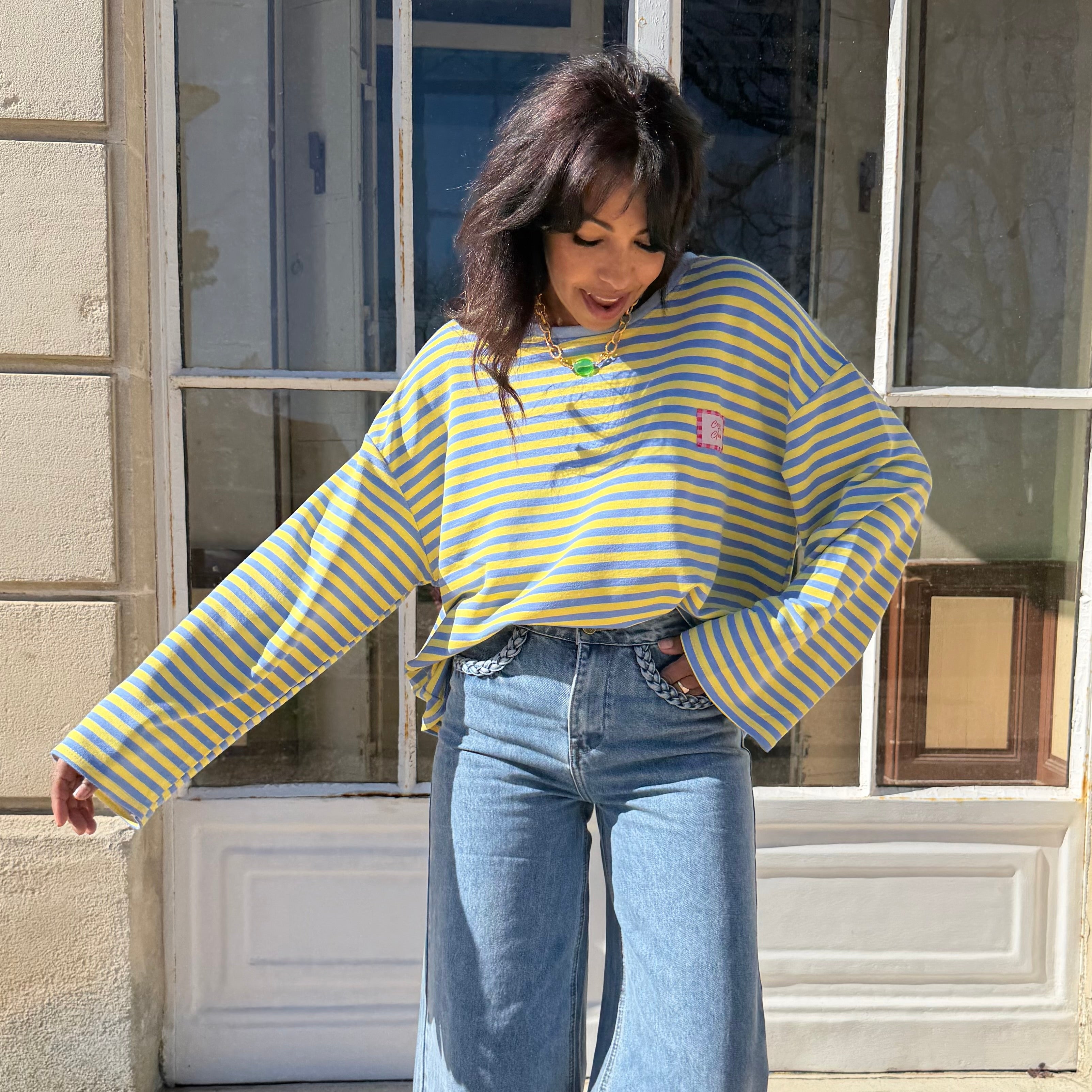 T-shirt CLUB marinière rayé jaune/bleu aux manche longues et à la coupe oversize