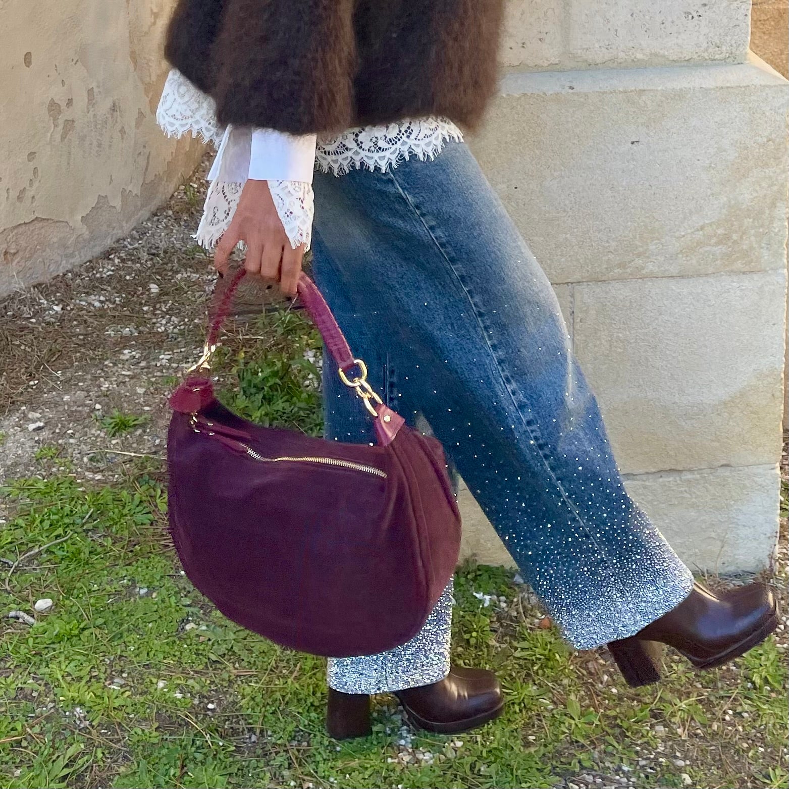 Sac LUNE bordeaux en cuir daim italien