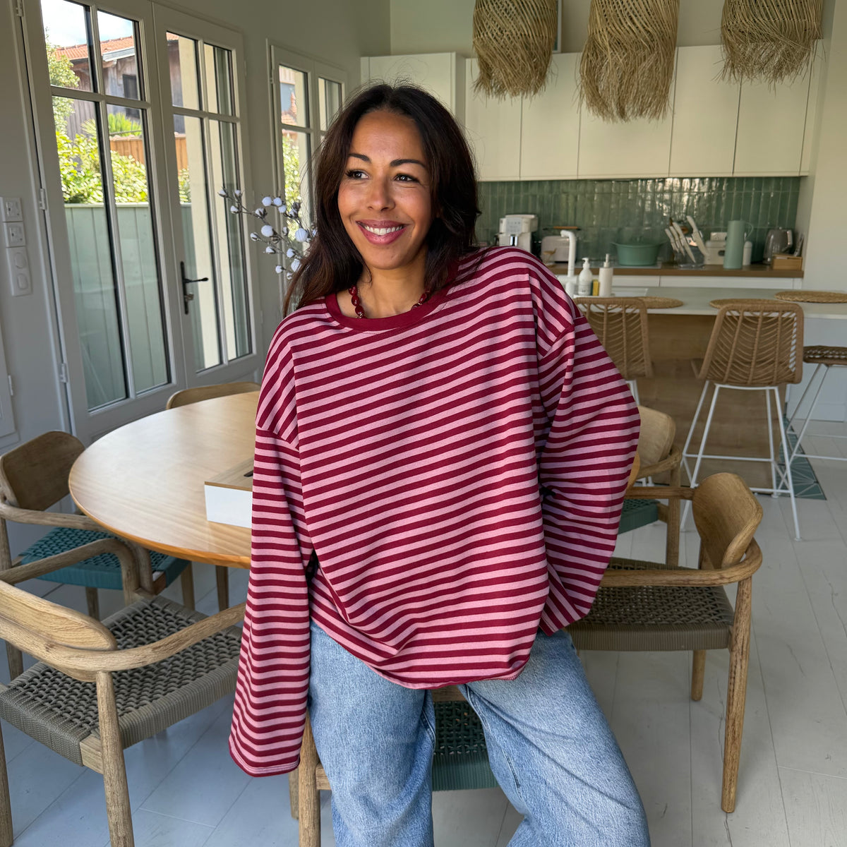 T shirt manche longue MILO rayé bordeaux et rose