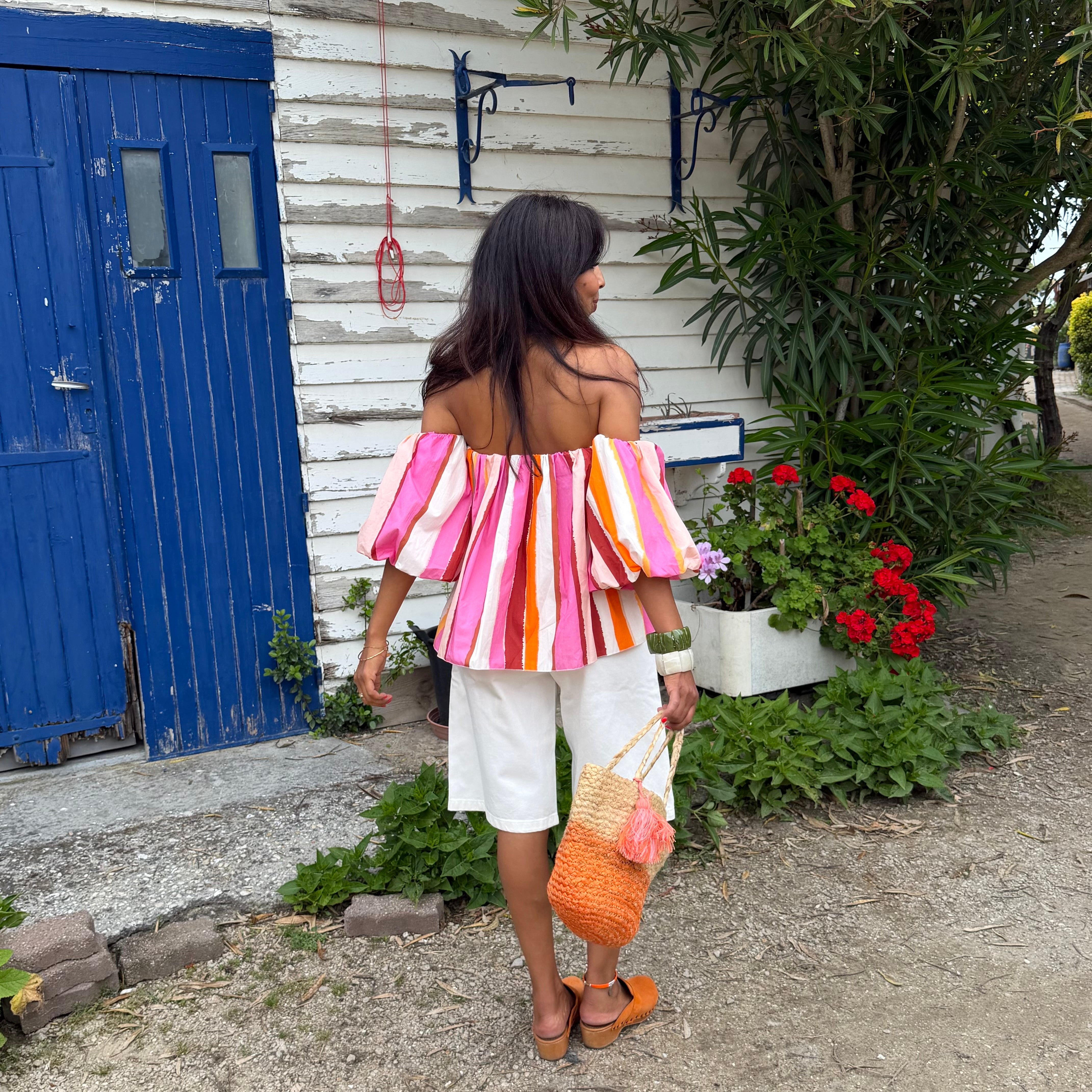 Blouse LIO rayée multicolore rose– coton – col bardot