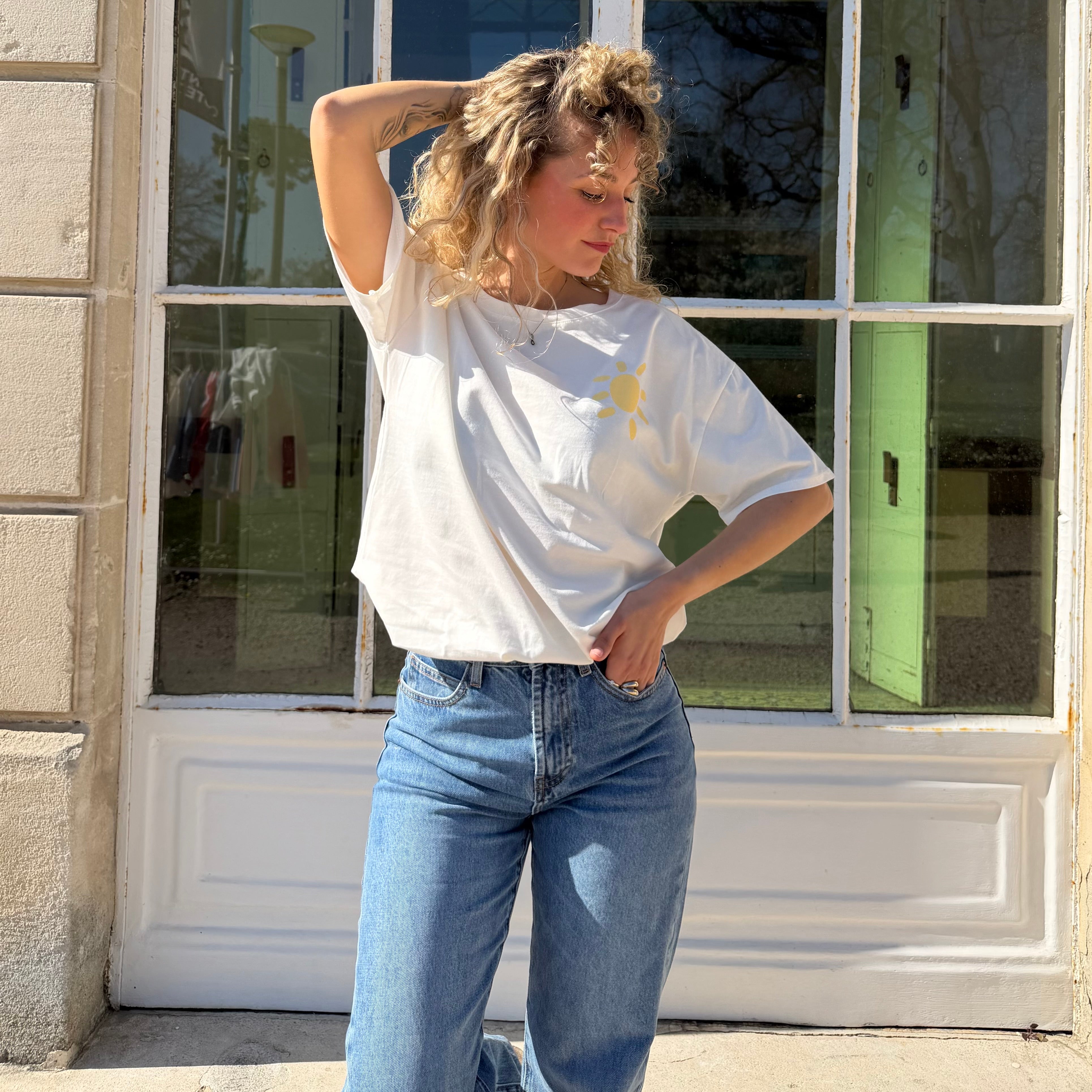 T-shirt oversize à manches courtes blanc  SUN sérigraphié