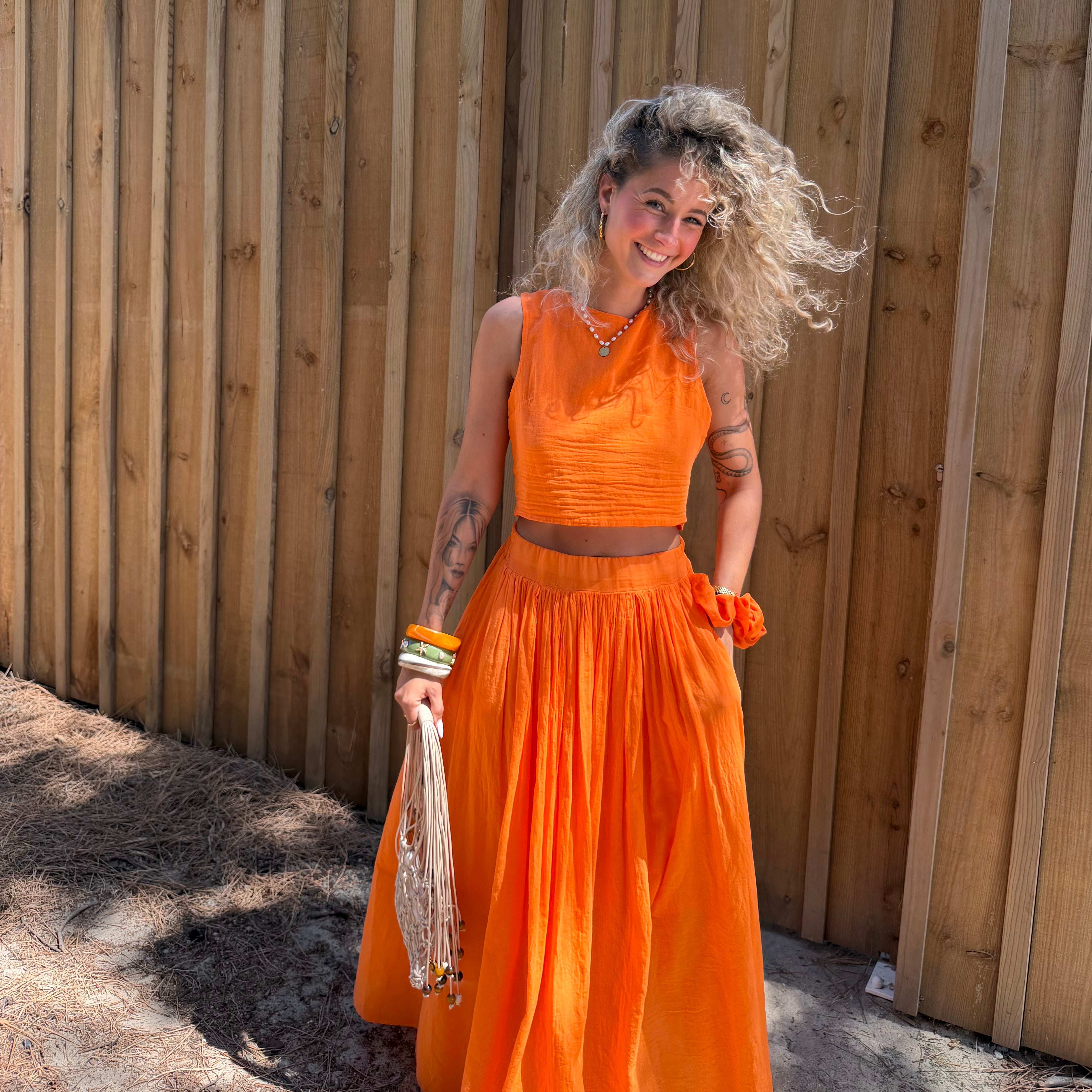 Ensemble YDRA jupe et top dos nu en coton orange