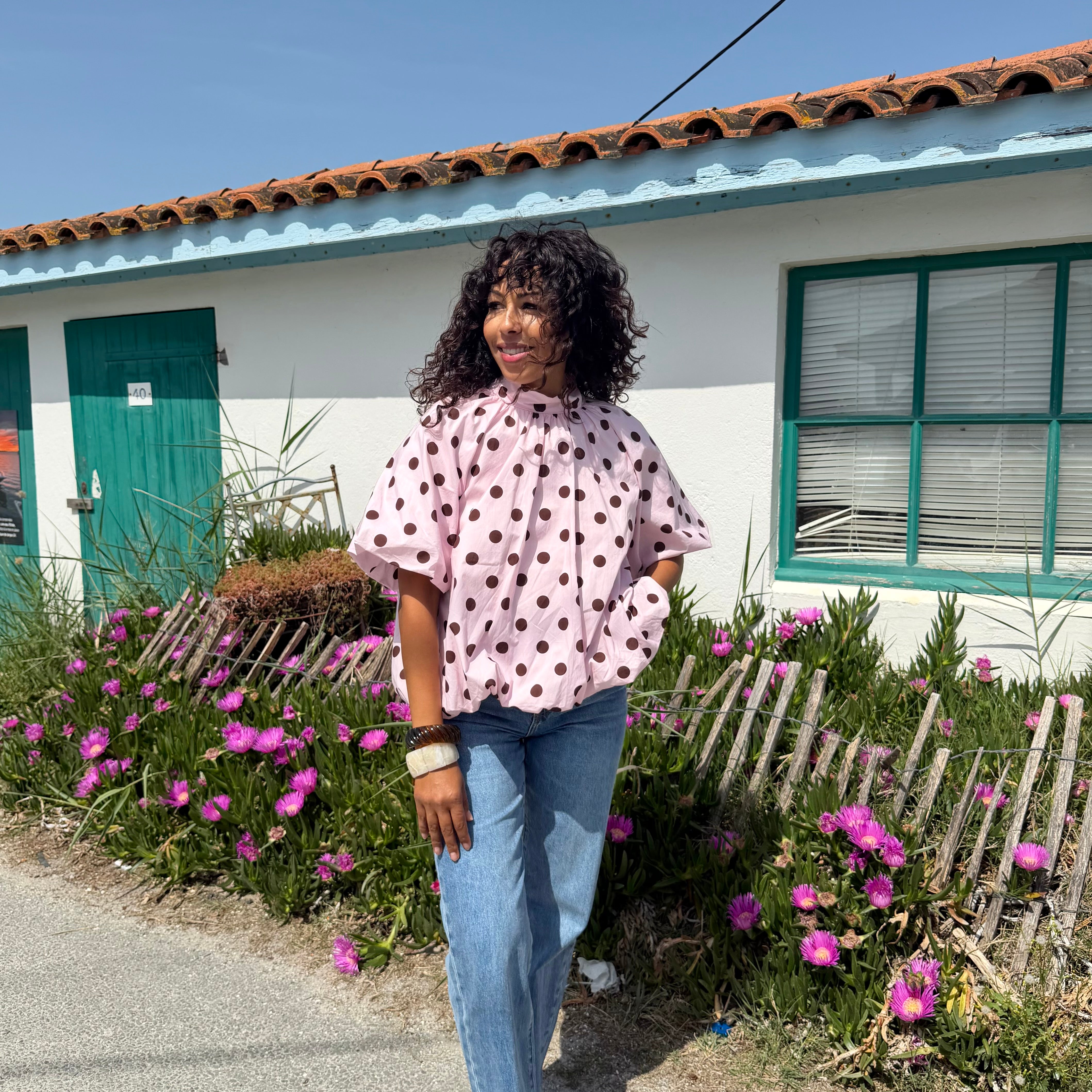 Blouse POIS dos nu rose et marron
