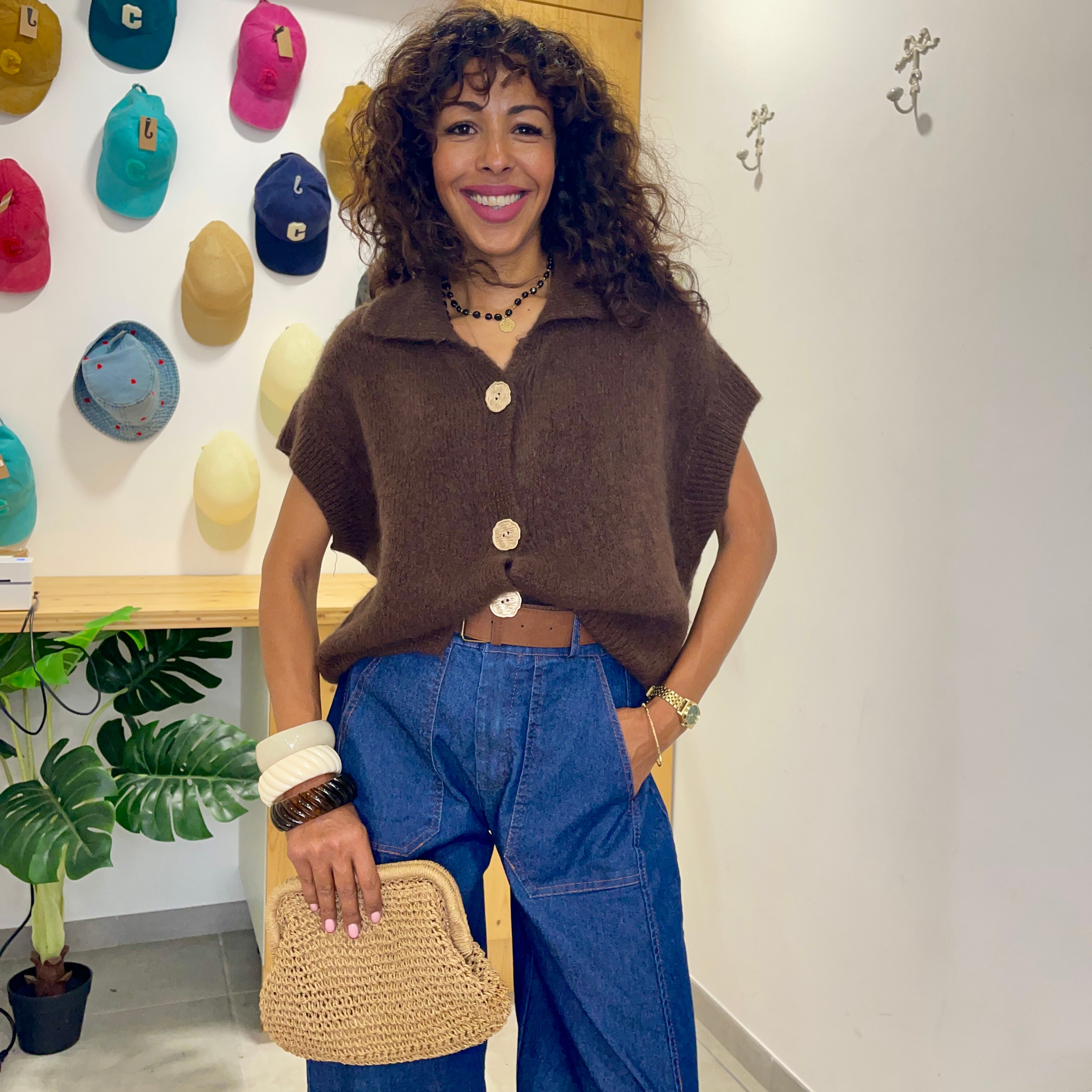 Pull manches courtes ANNA marron en baby alpaga et laine