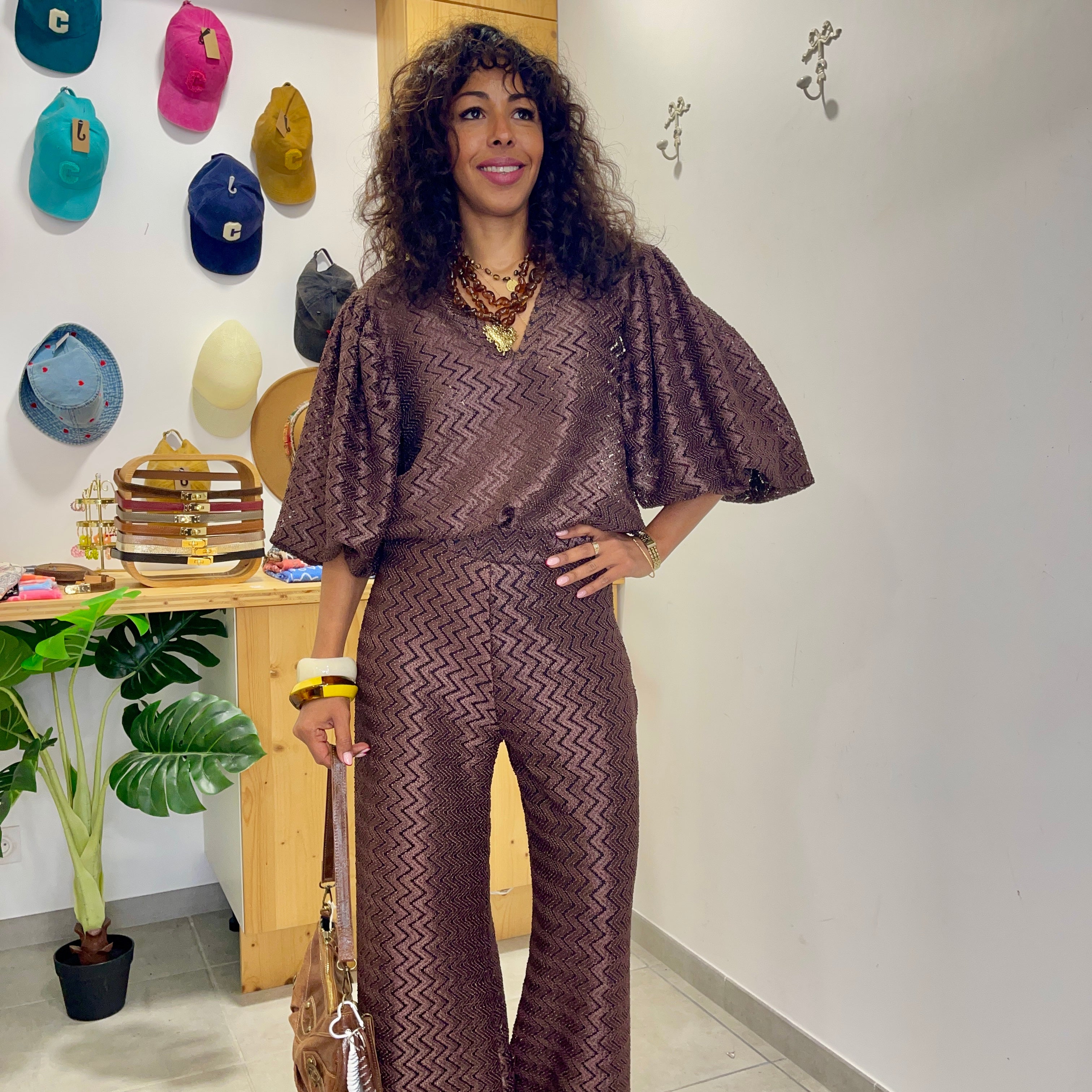 Blouse MADRID marron métallisé motif chevron