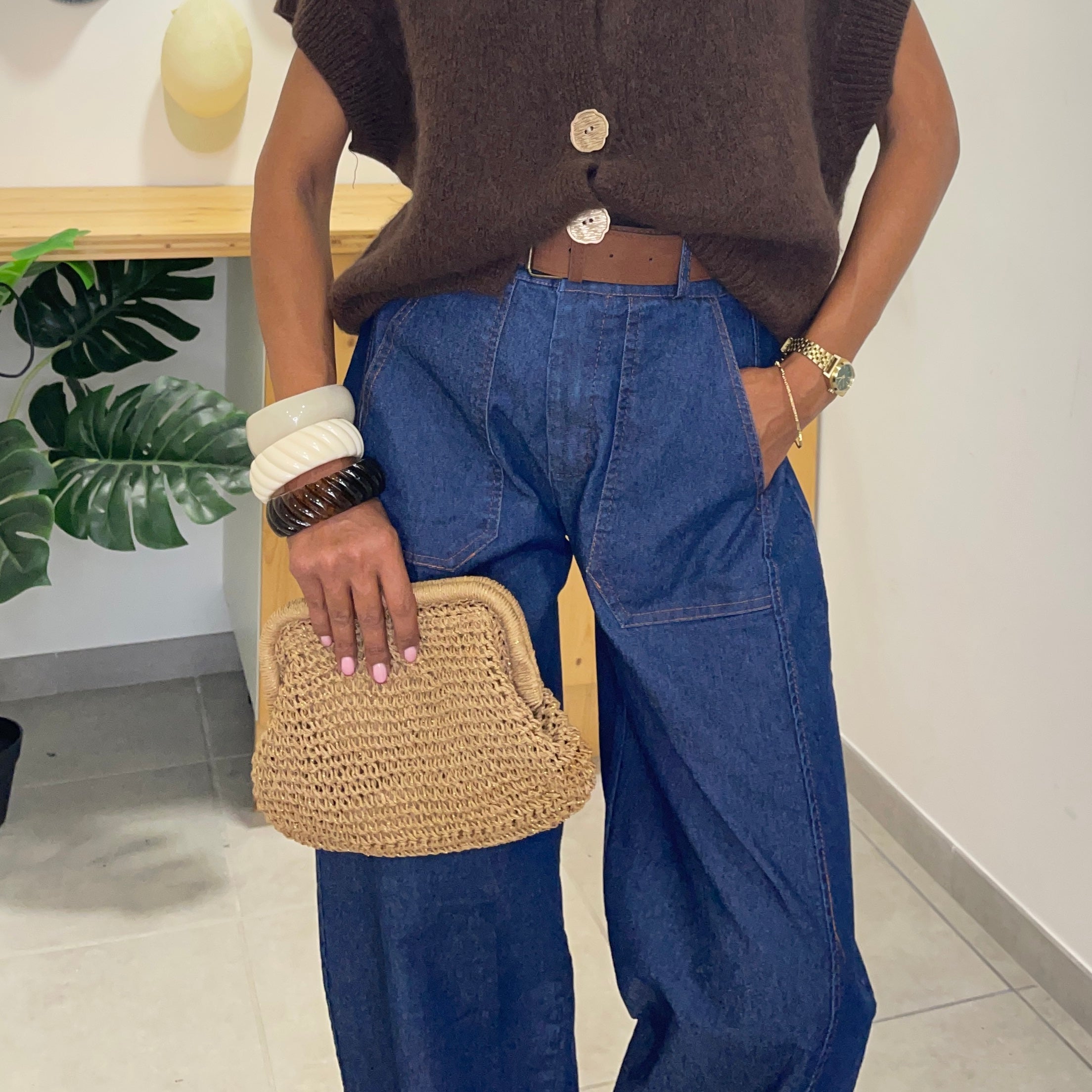 Pantalon LOUNA en coton façon denim brut à la coupe barrel