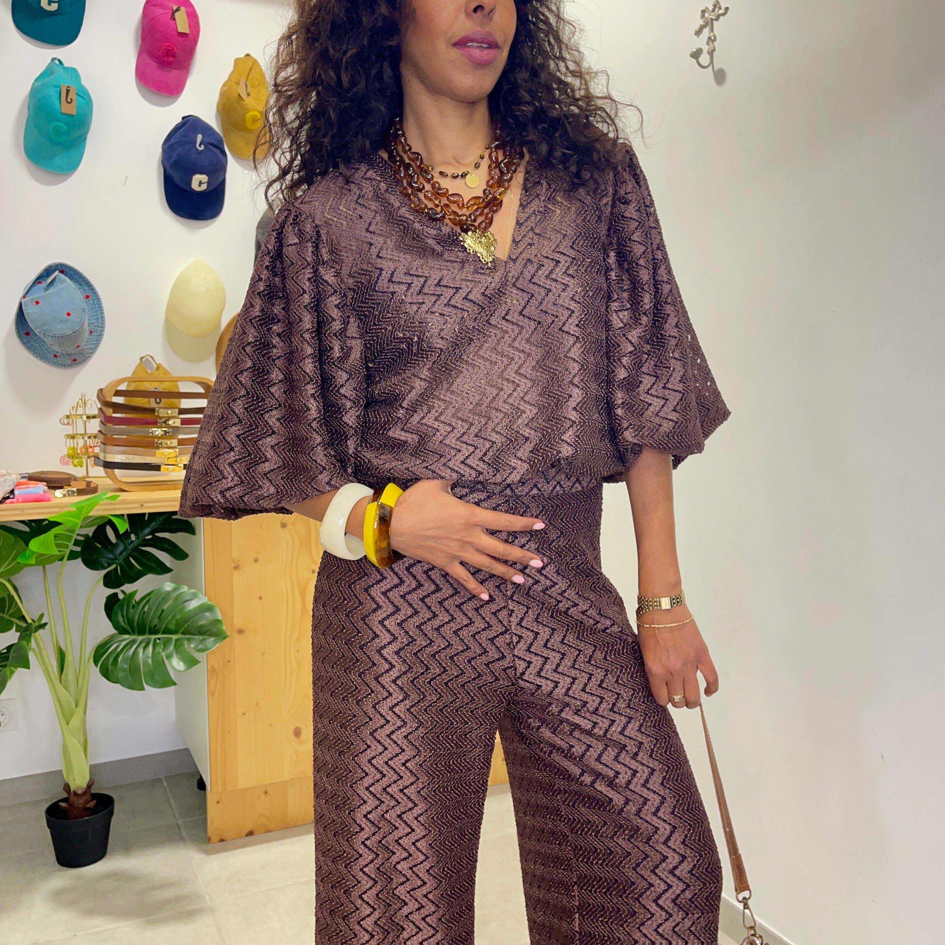 Blouse MADRID marron métallisé motif chevron
