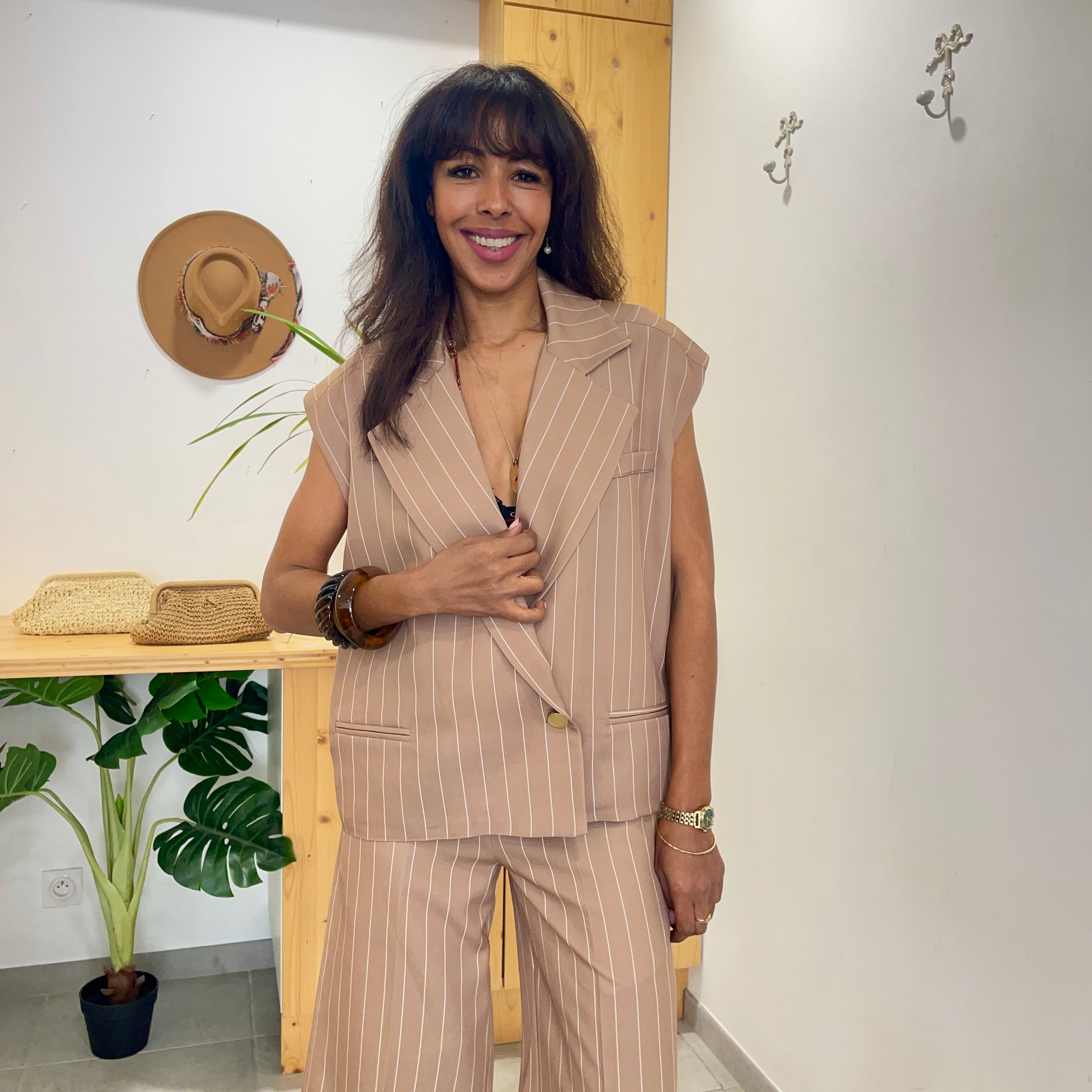 Blazer JULIA sans manches beige rayé blanc