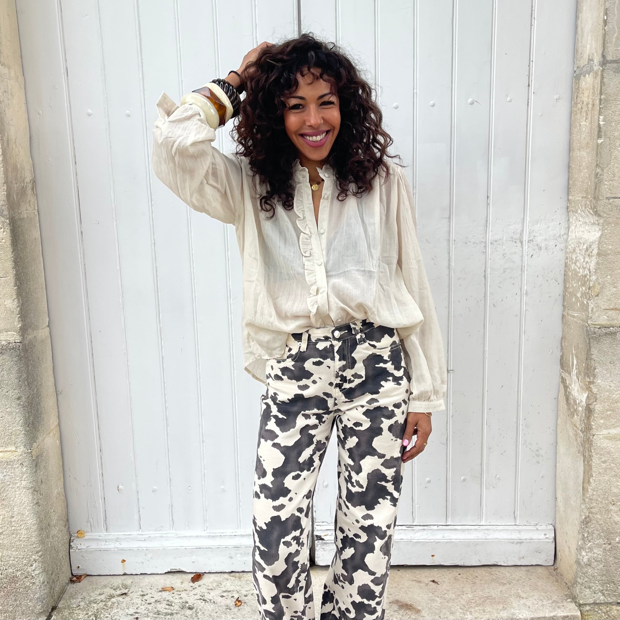 Blouse LENNY manches longues à volants beige