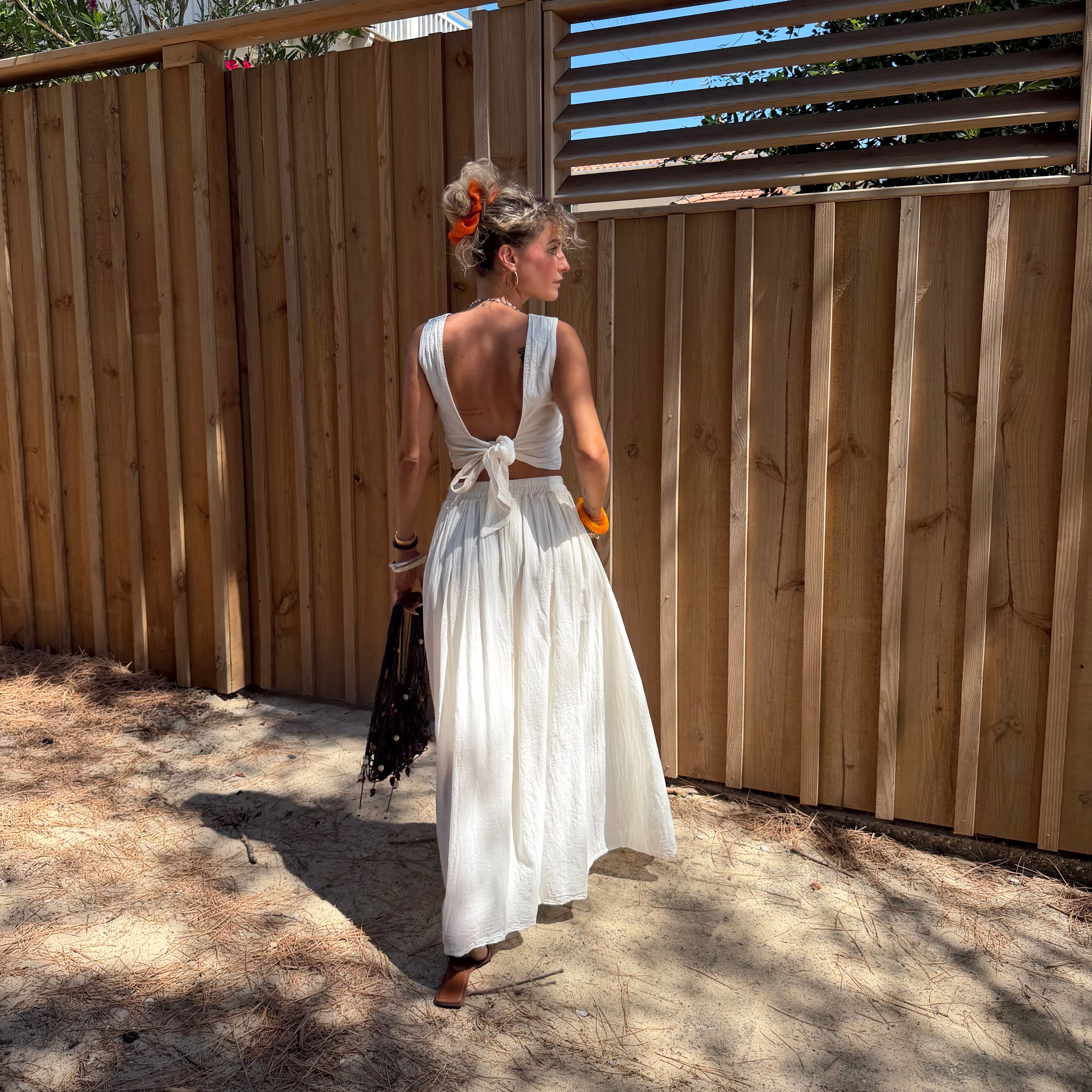 Ensemble YDRA jupe et top dos nu en coton écru