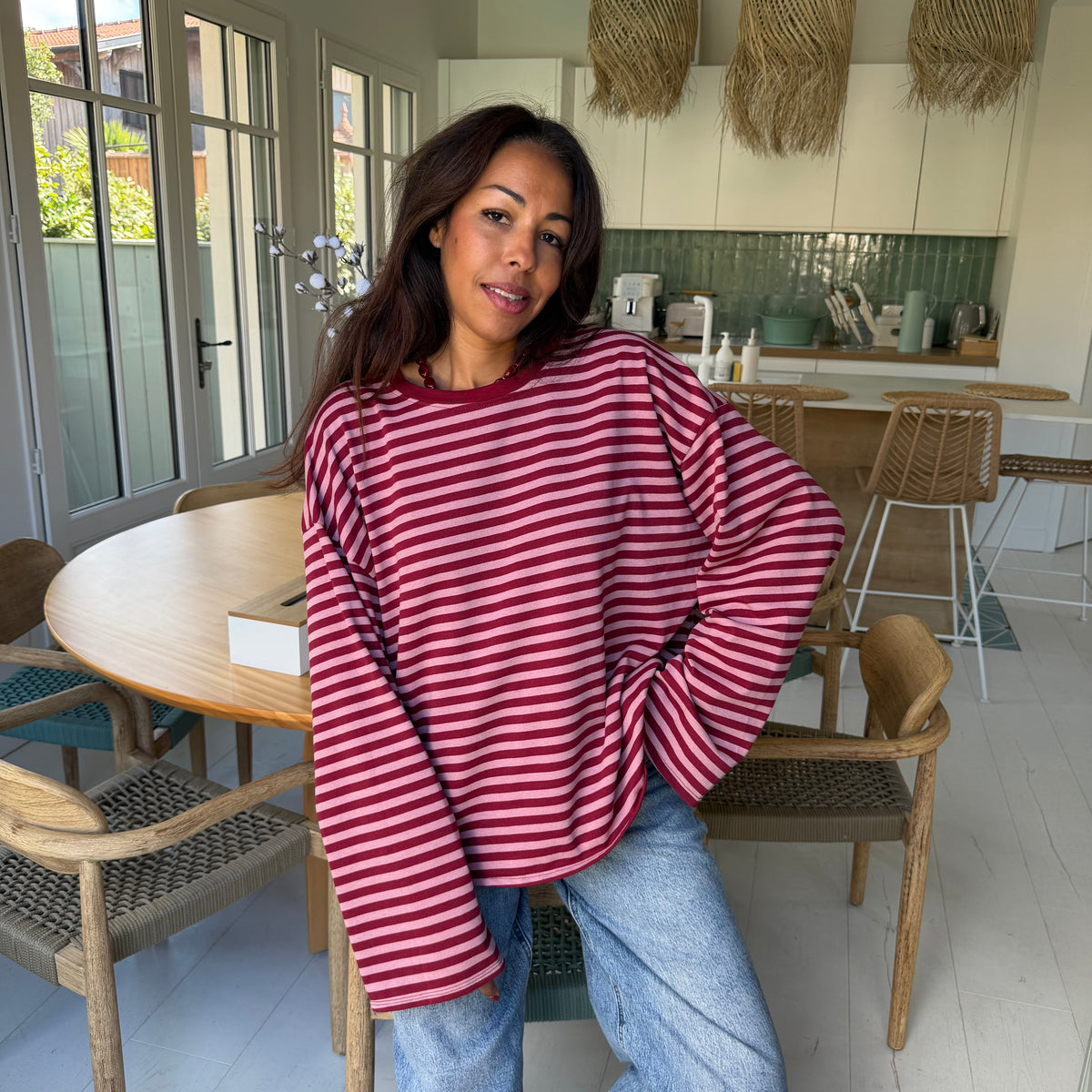 T shirt manche longue MILO rayé bordeaux et rose