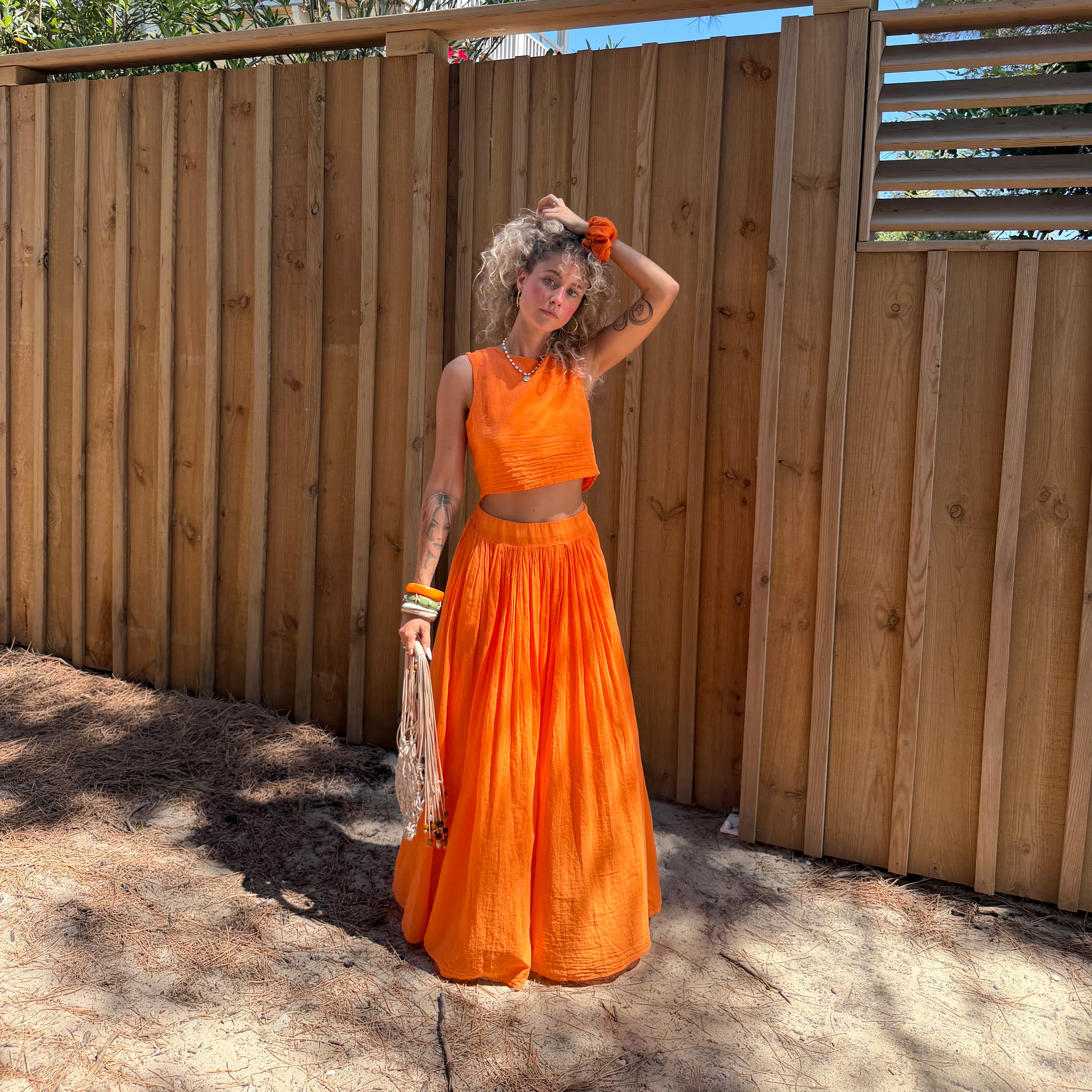 Ensemble YDRA jupe et top dos nu en coton orange
