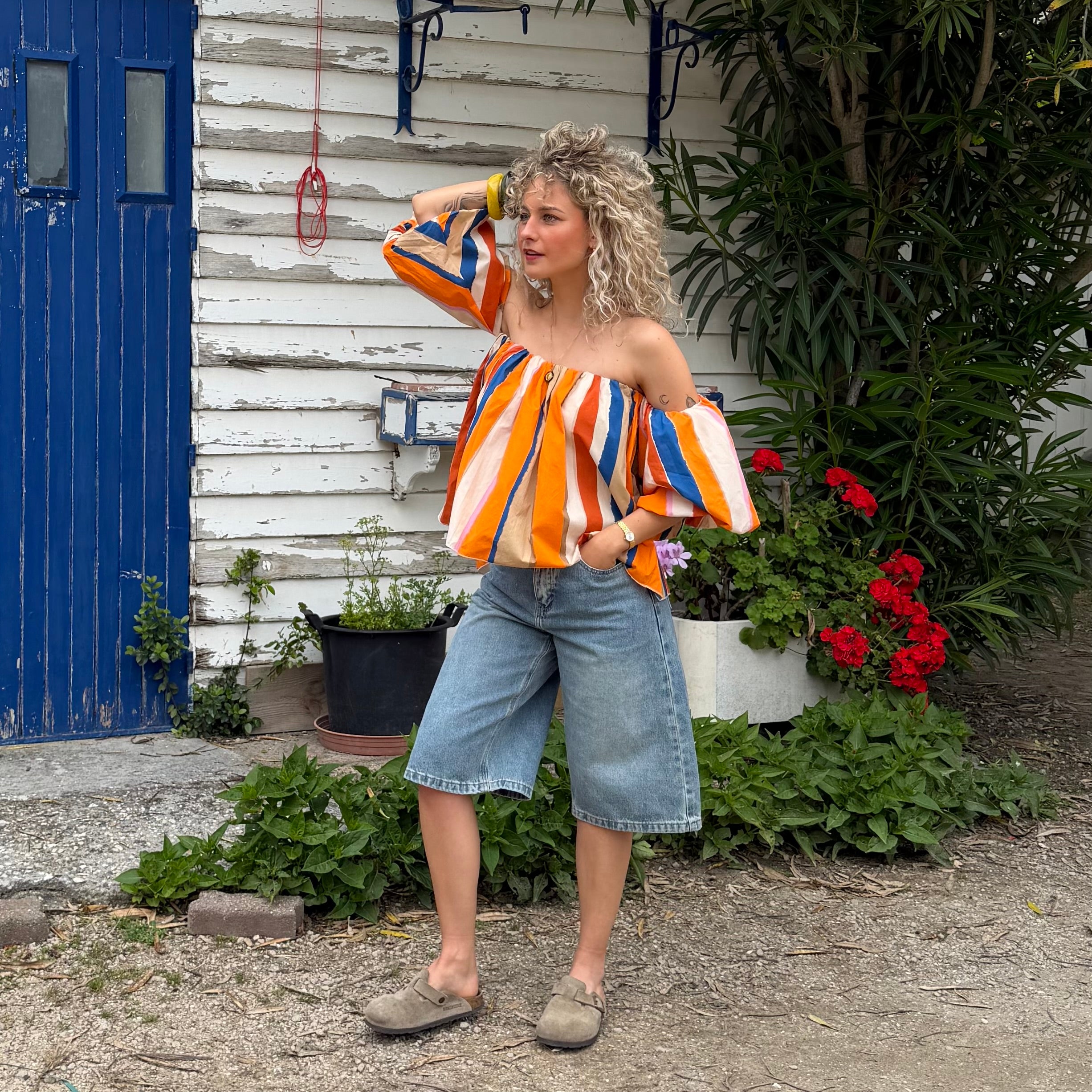 Blouse LIO rayée multicolore orange– coton – col bardot