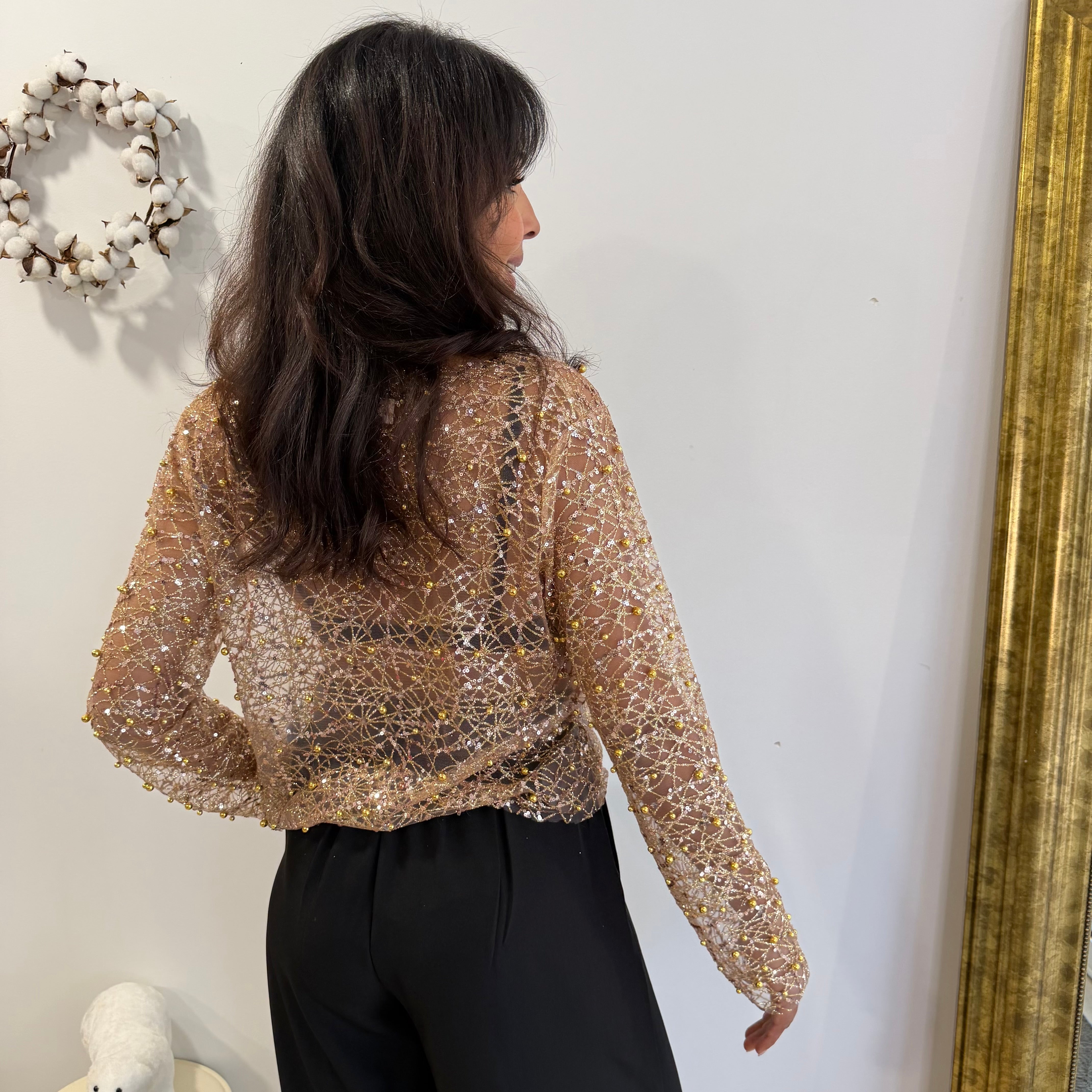 Blouse IRIS doré à sequins, paillettes, perles