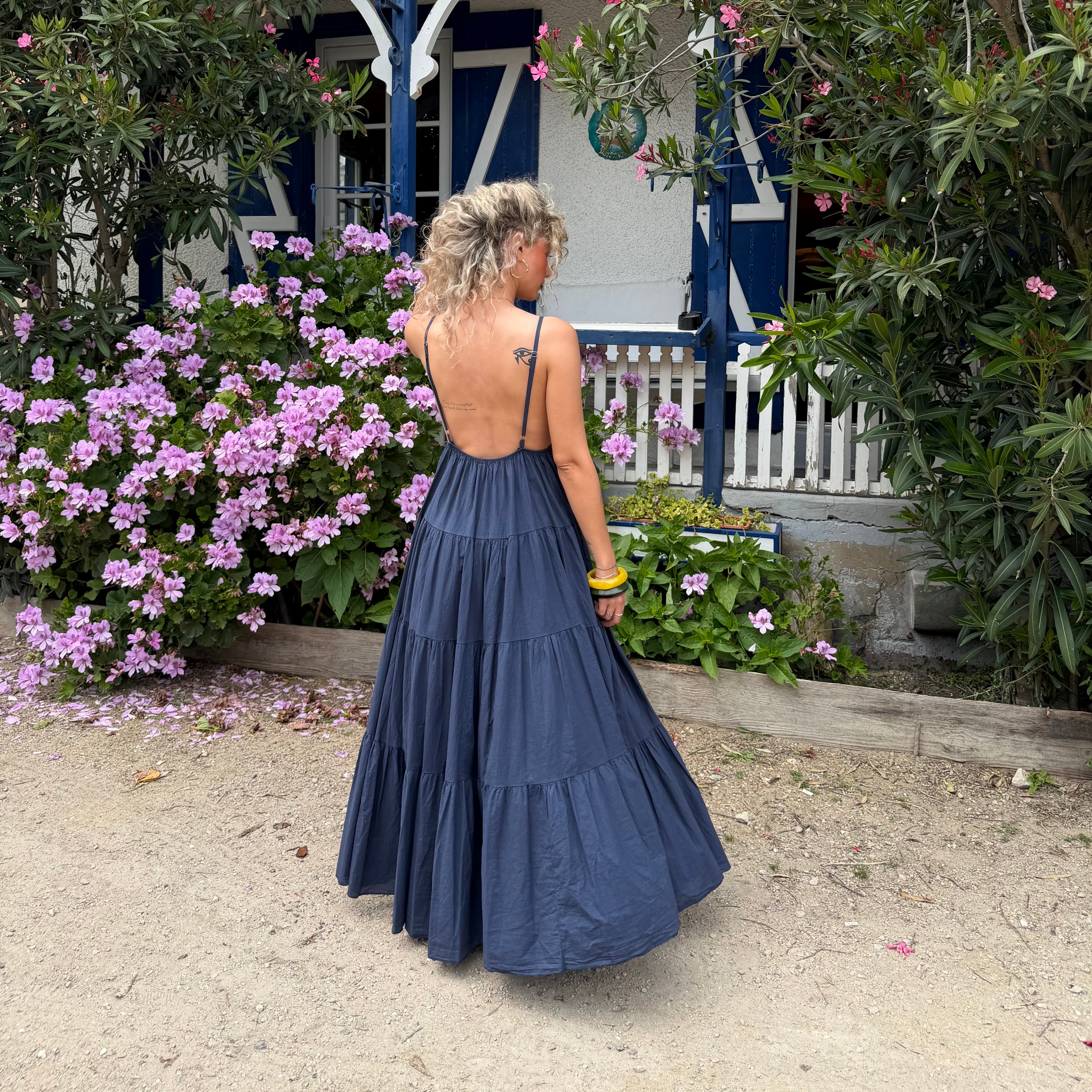 Robe longue SOLEIL bohème bleu marine dos nu
