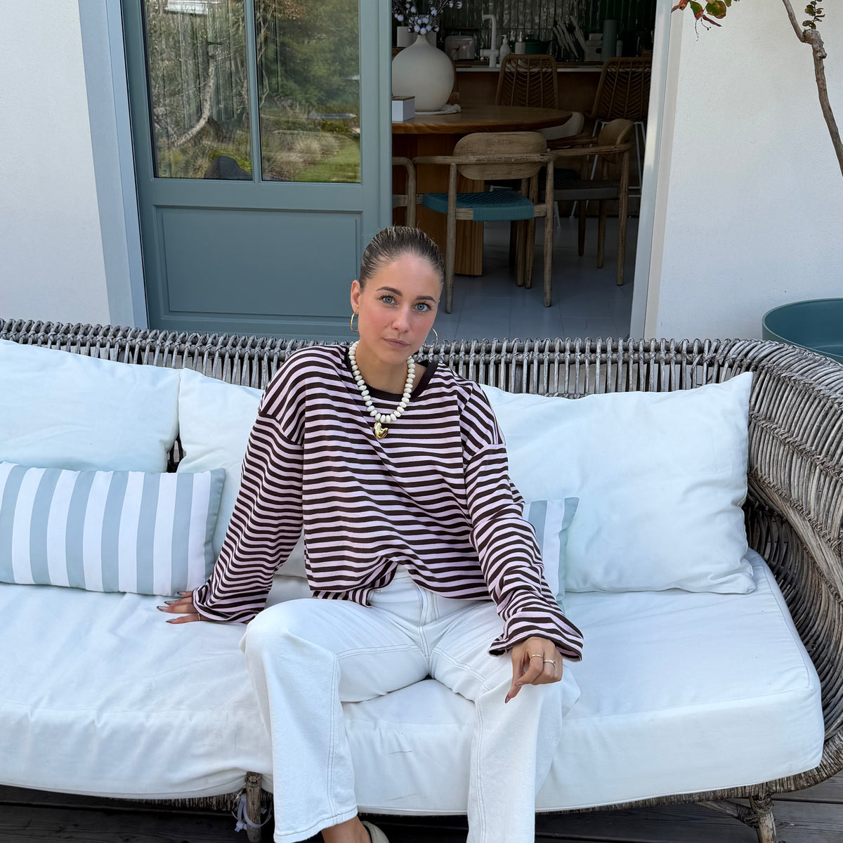 T shirt manche longue MILO rayé rose pale et marron