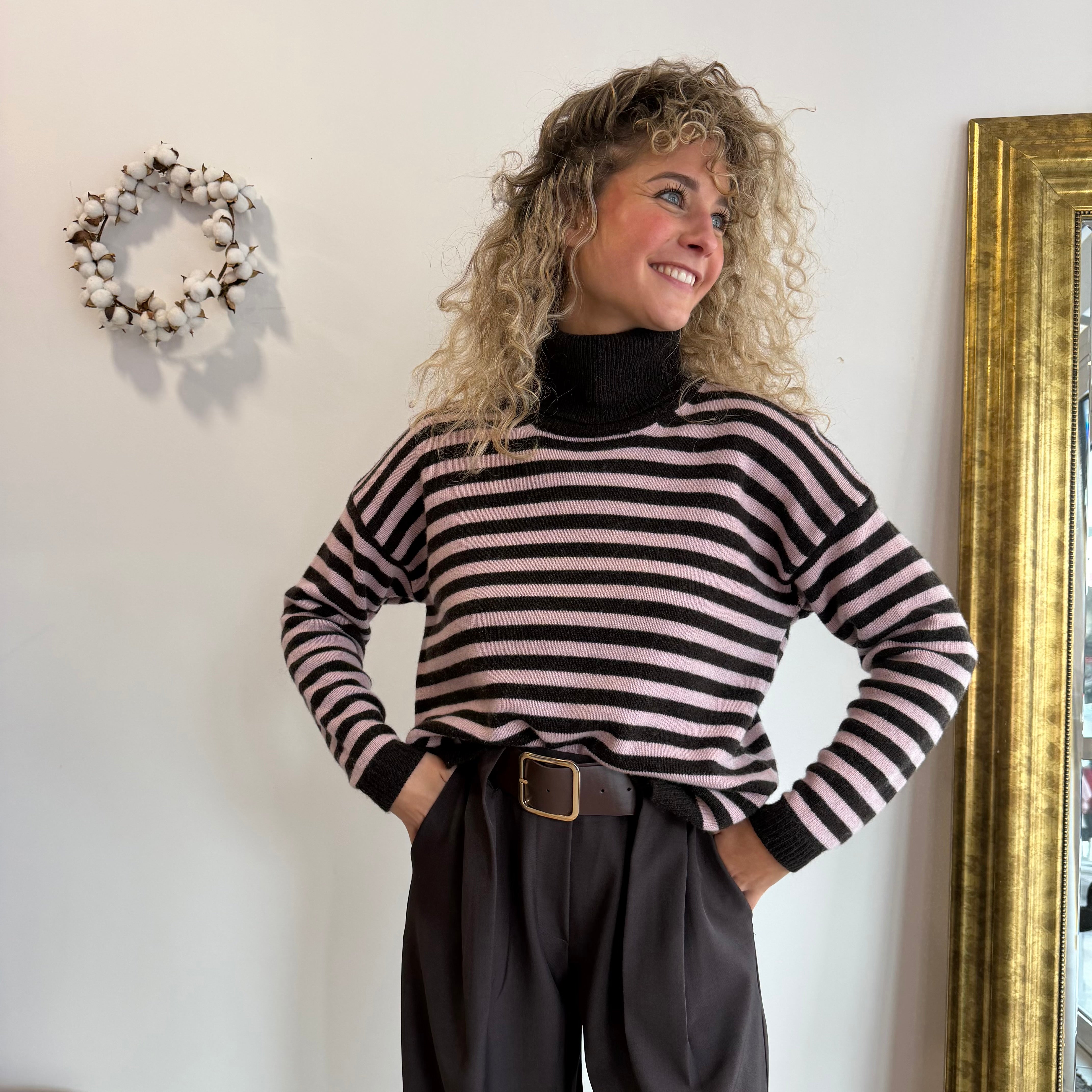 Pull col roulé rayé, CHARLIE, marron et rose laine et cachemire