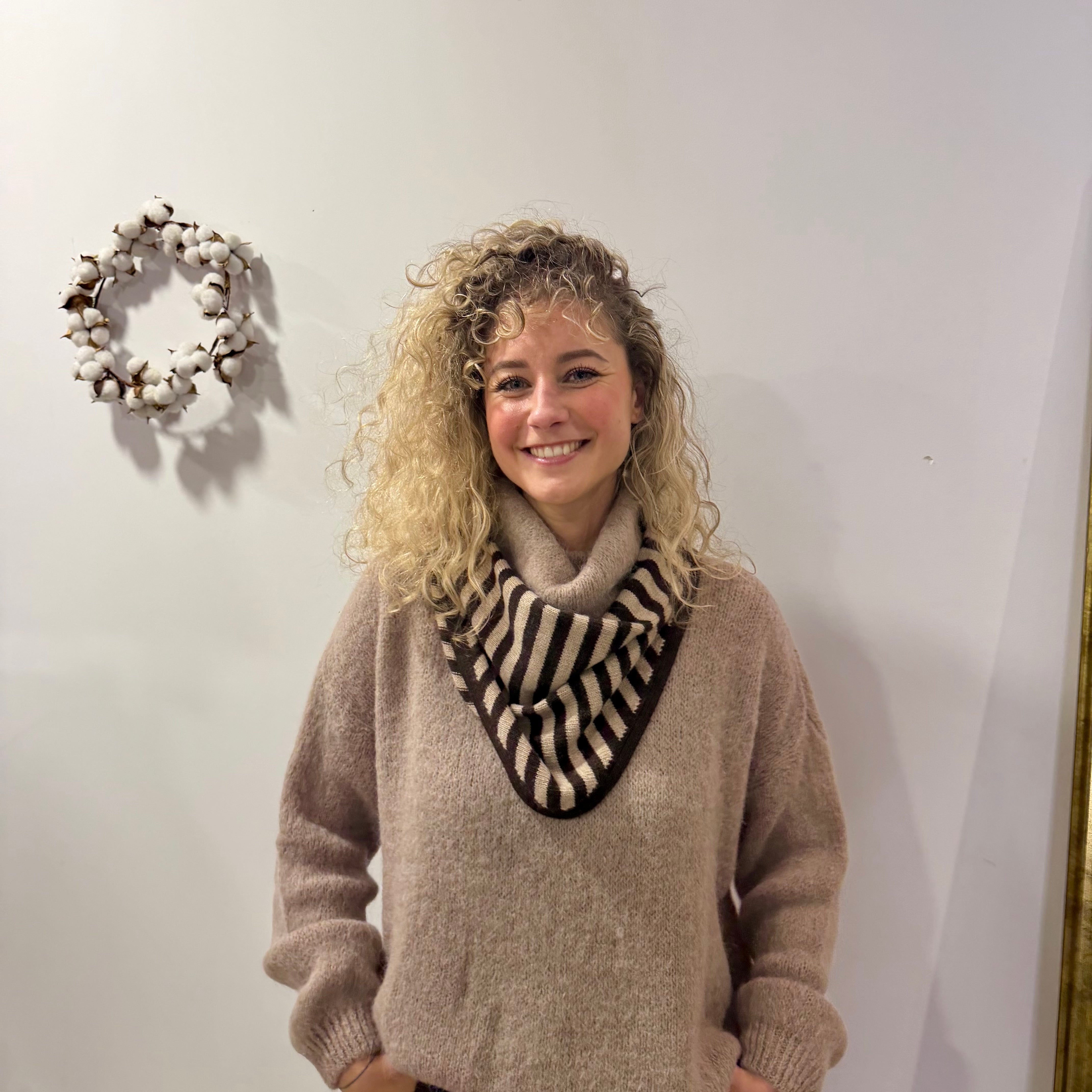 Col écharpe rayé marron beige en cashmere laine