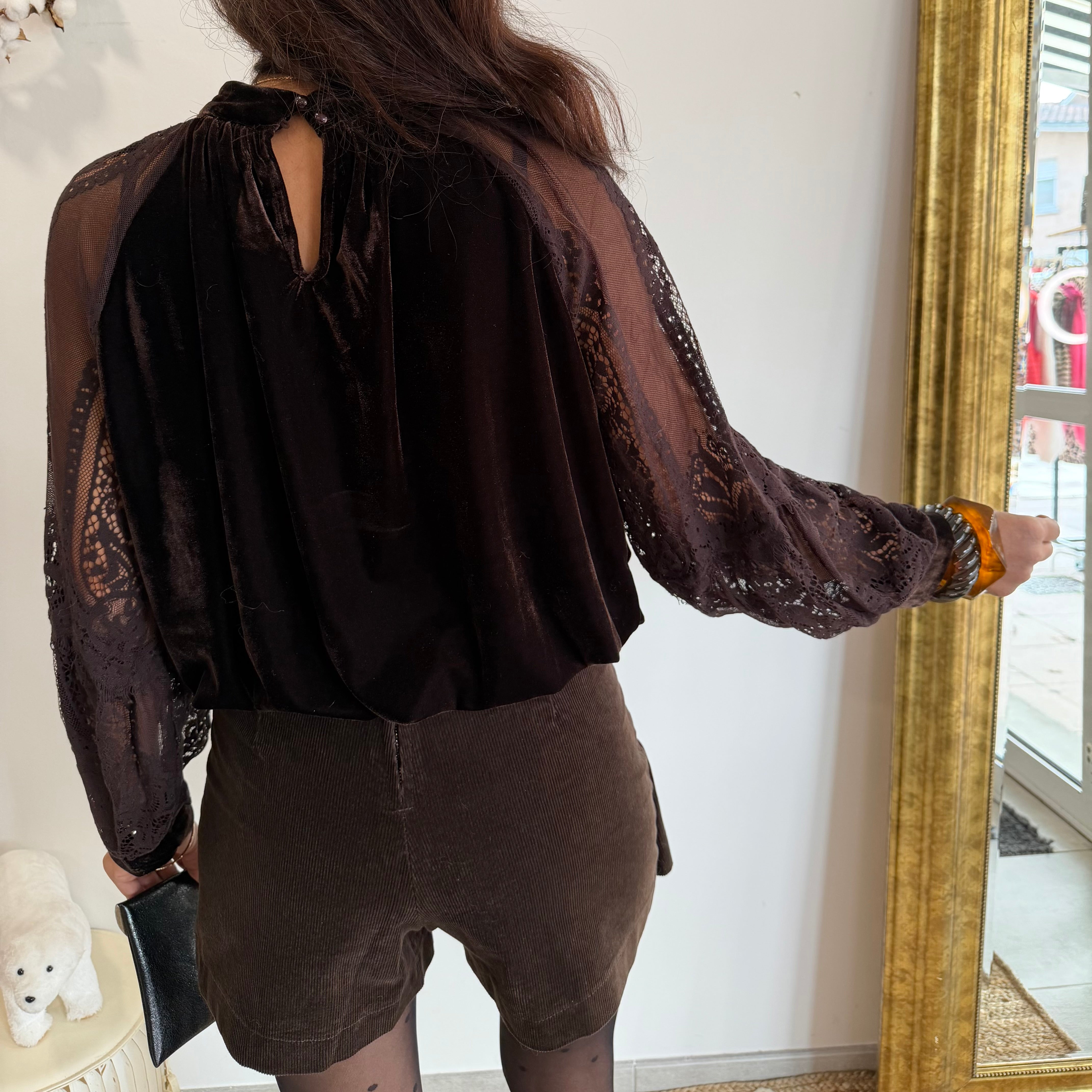 Blouse NERIDA, velours et dentelle couleur marron