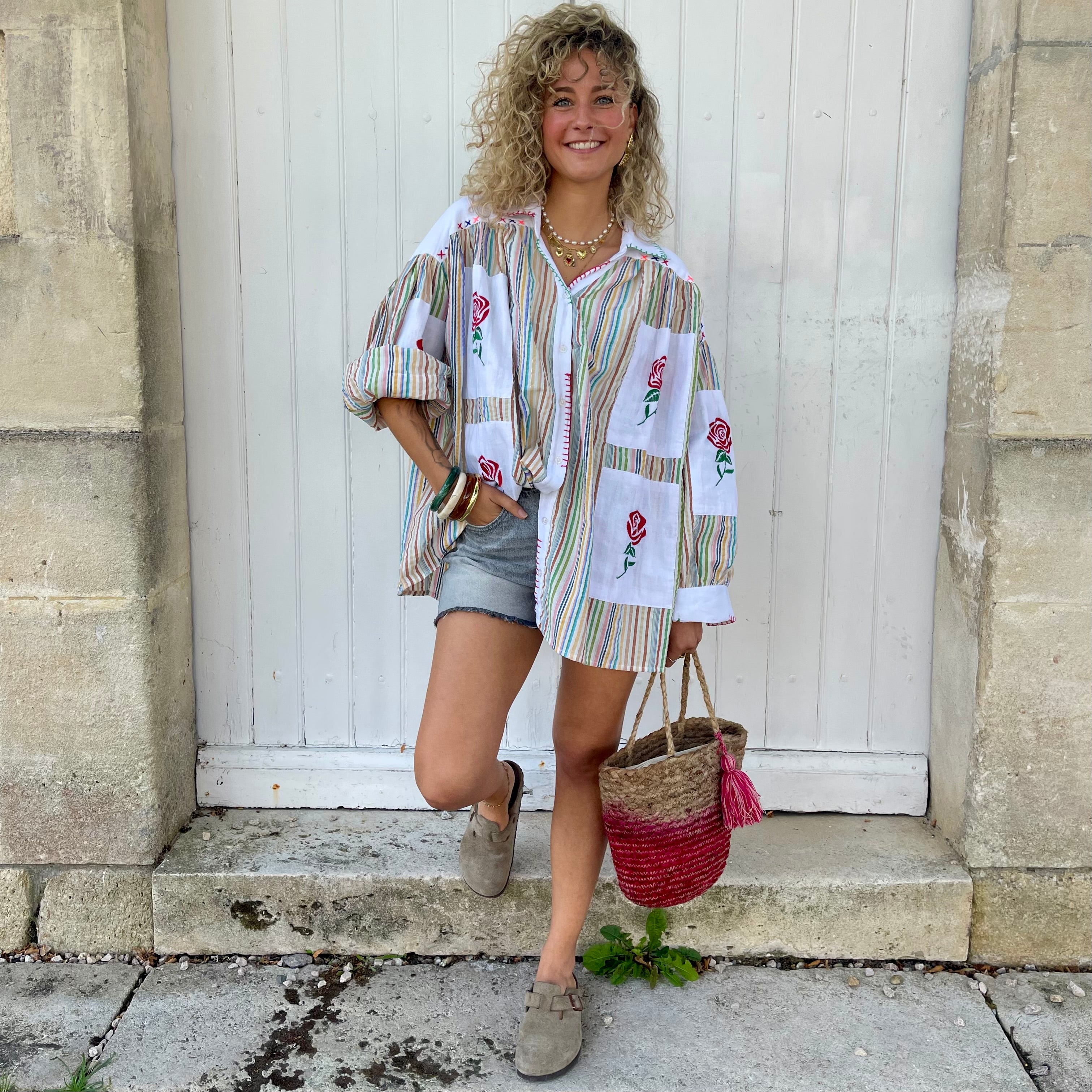 Blouse ROSA oversize à rayures en gaz de coton brodé à la main