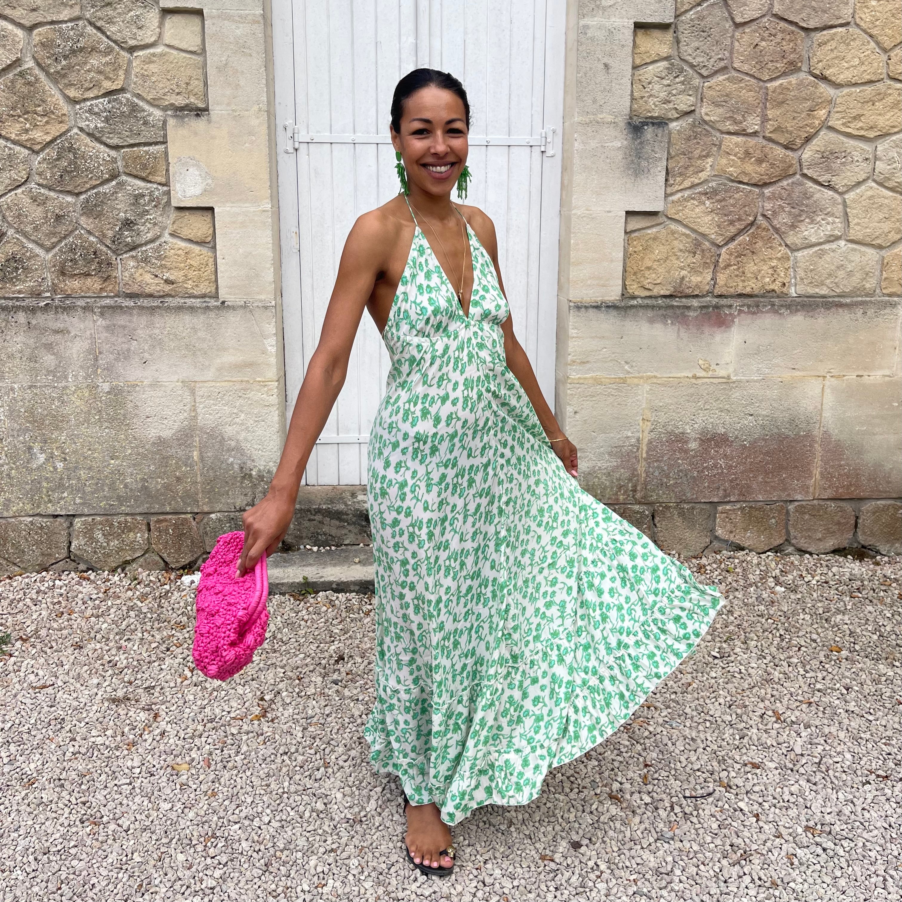 Robe longue SALVADORE dos nu à l'imprimé fleuri vert