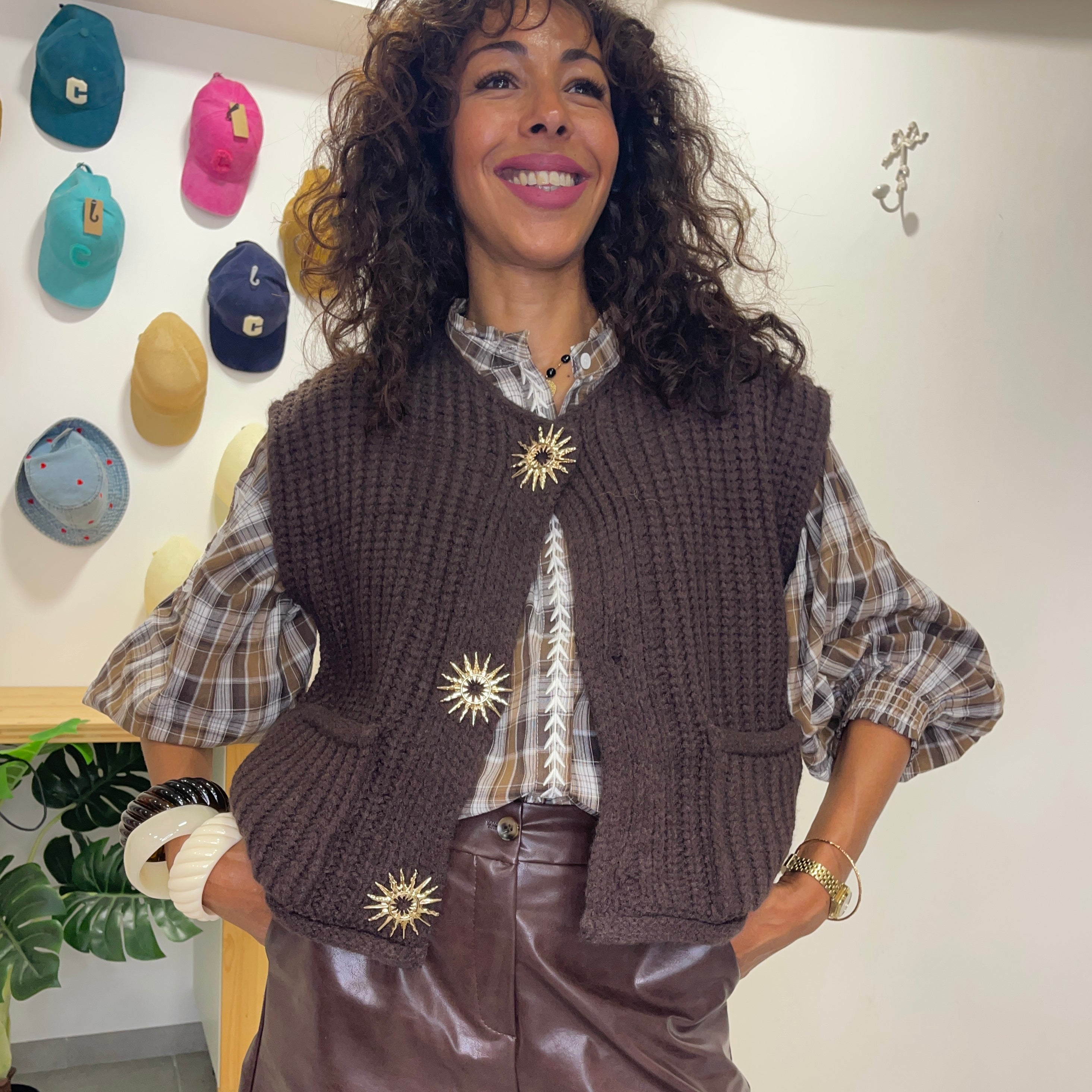 Gilet en maille sans manches SOLEIL marron