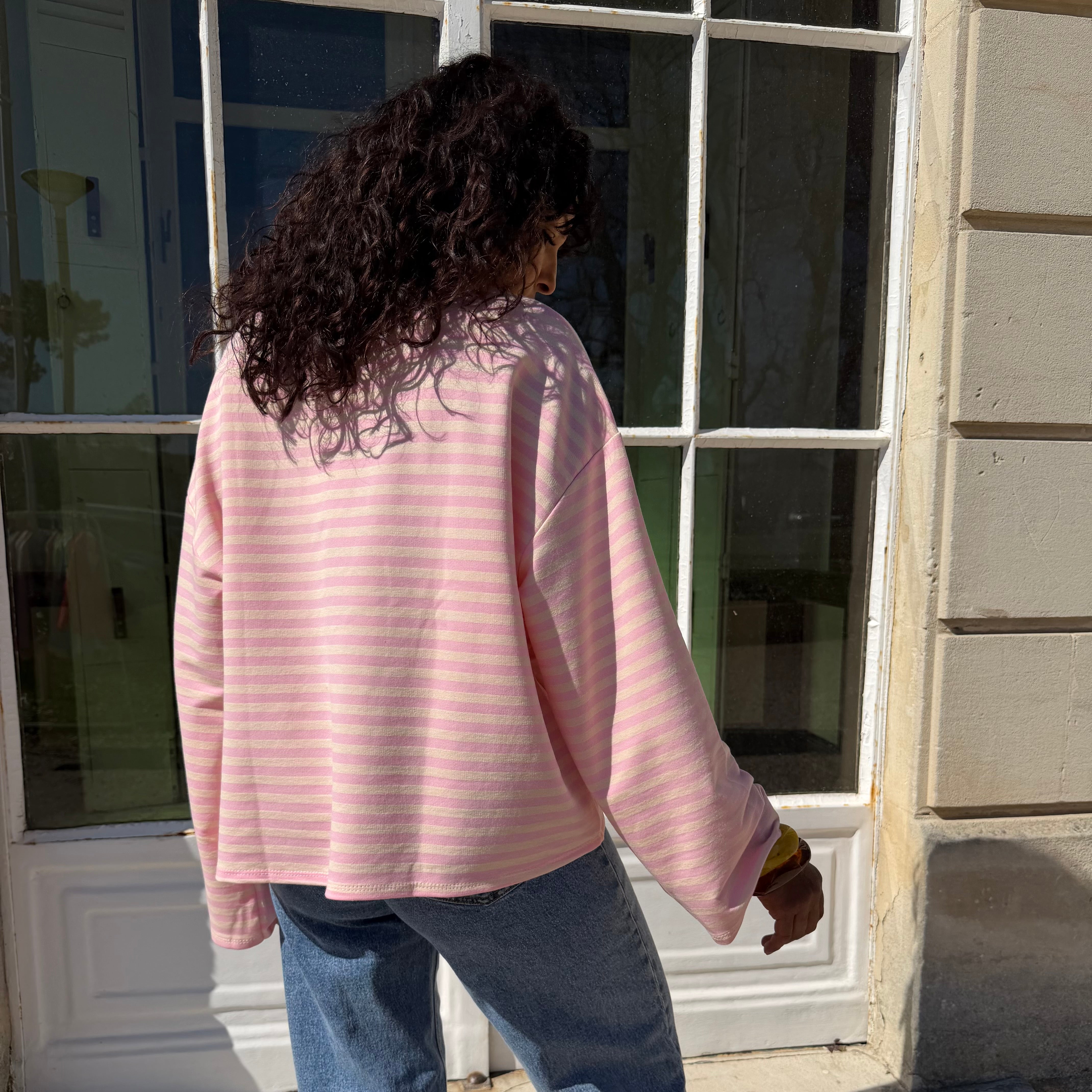 T-shirt CLUB marinière rayé rose/jaune aux manche longues et à la coupe oversize