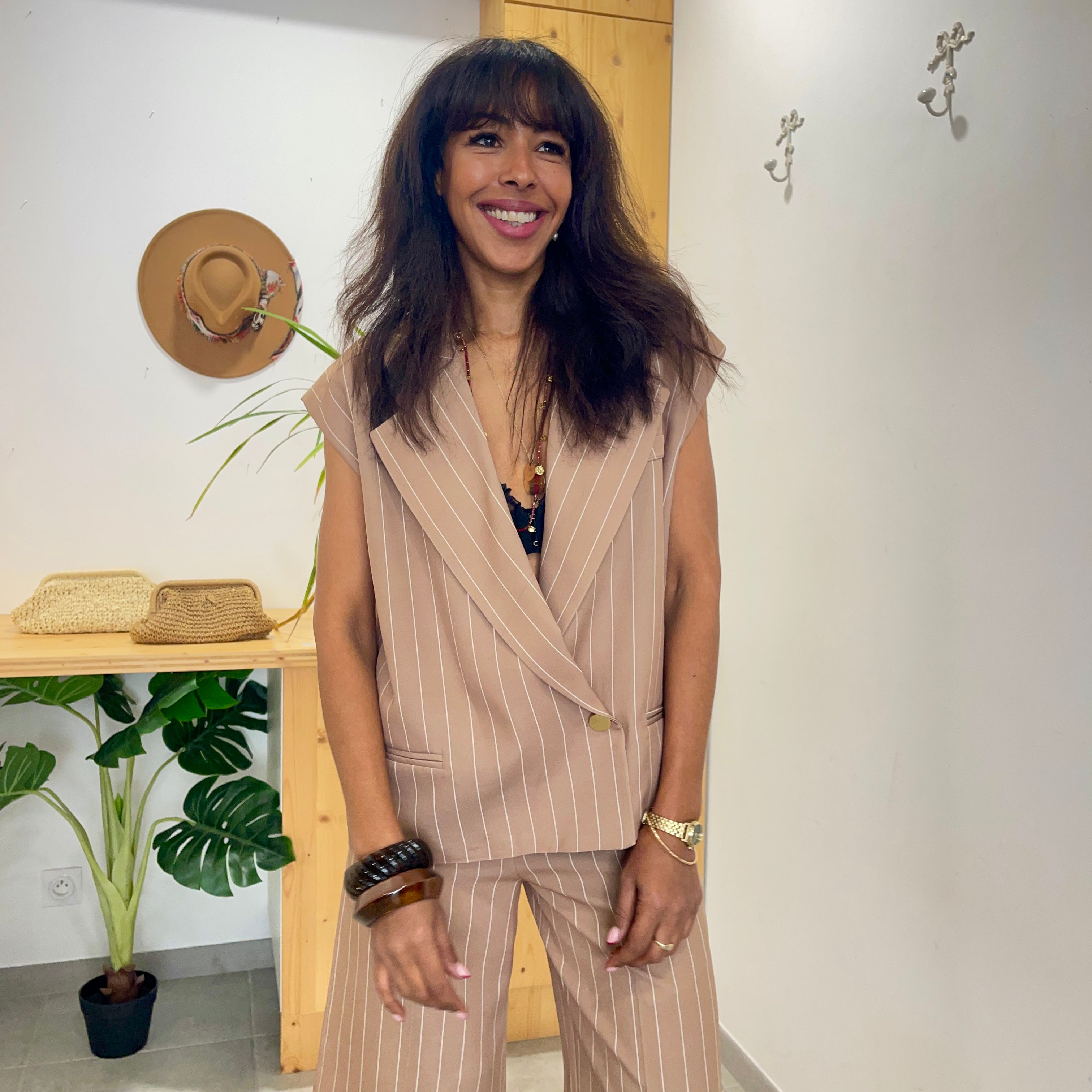 Blazer JULIA sans manches beige rayé blanc