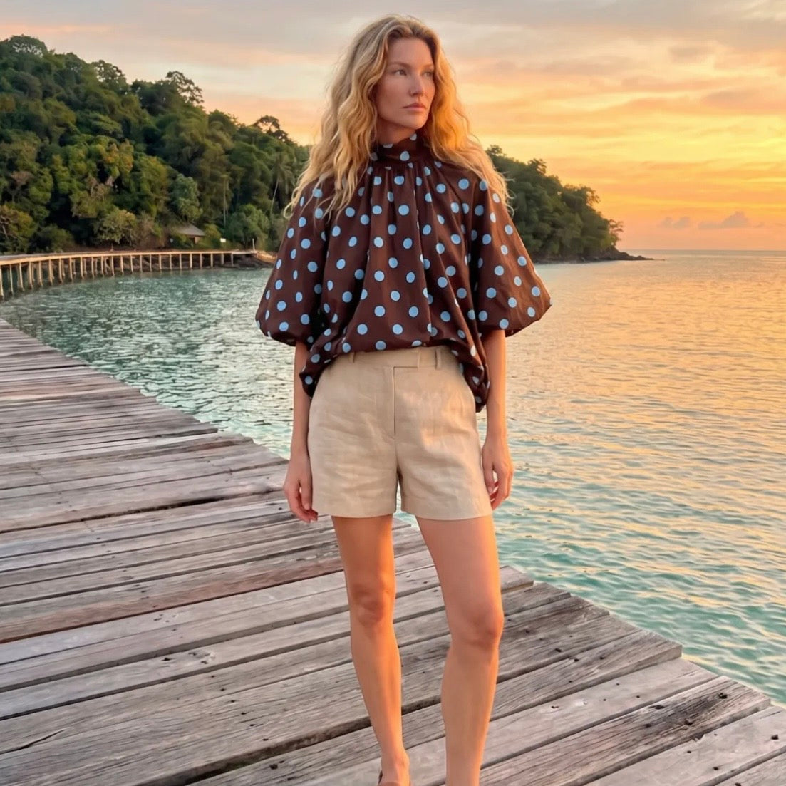 Blouse POIS dos nu en marron et bleu